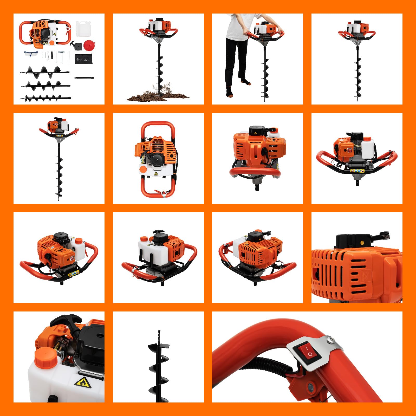 52CC Gas Post Hole Digger - 1.98HP 2-Stroke Engine with Air-Cooled Cylinder & 1.2L Fuel Tank - Includes 3 Drill Bits (4