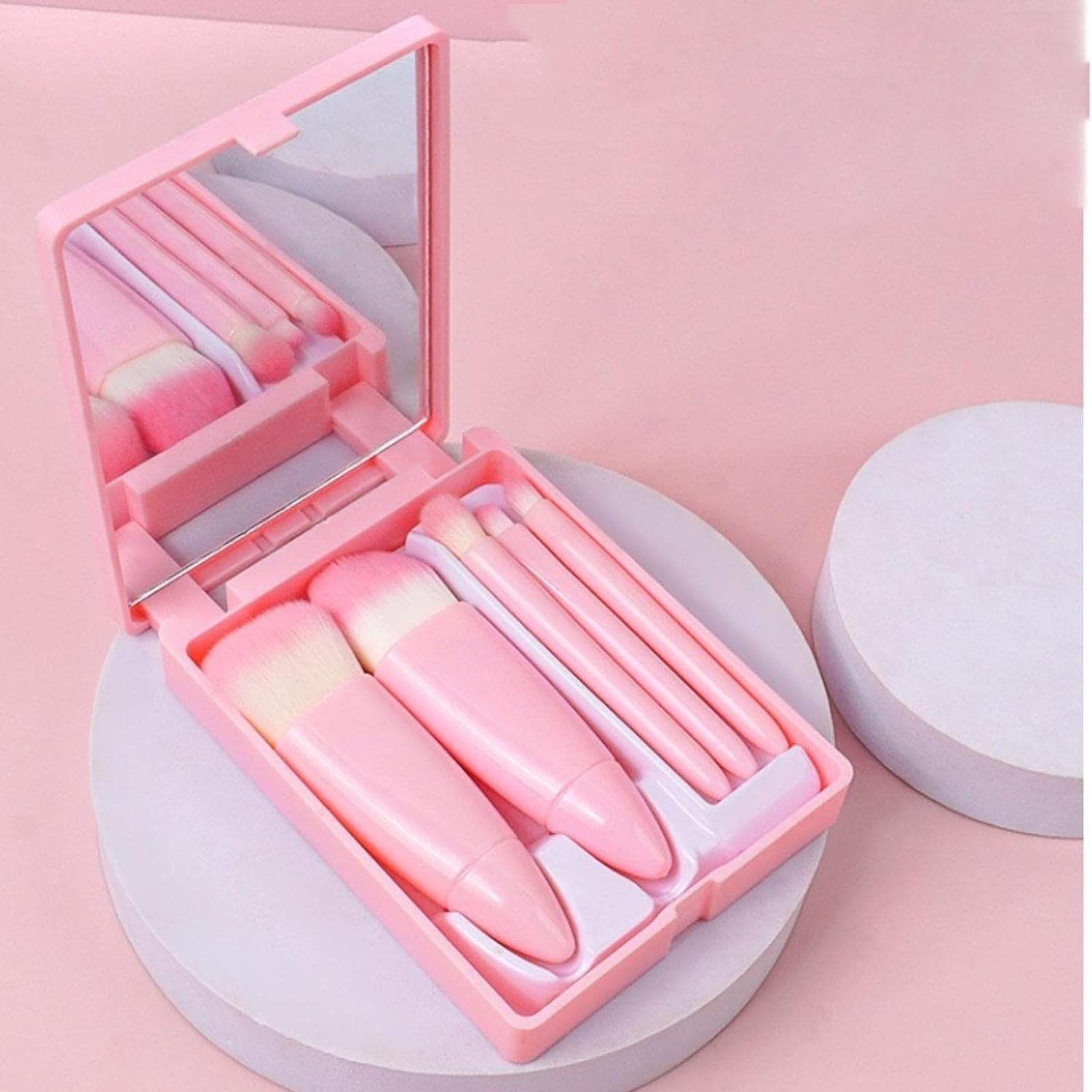 5-Piece Mini Travel Makeup Brush Set with Mirror - Compact Cosmetic Brushes for Foundation, Powder, Concealer, Eyebrow, Eyeshadow, Blush & Lip Gloss | Perfect for On-the-Go Touchups, Travel Kits & Small Makeup Bags