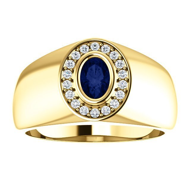 14K Gold Men's Oval Halo Ring with 0.70ct Sapphire & 0.18ctw Diamonds - Elegant Wedding Band, Anniversary Gift for Him, Engagement Jewelry