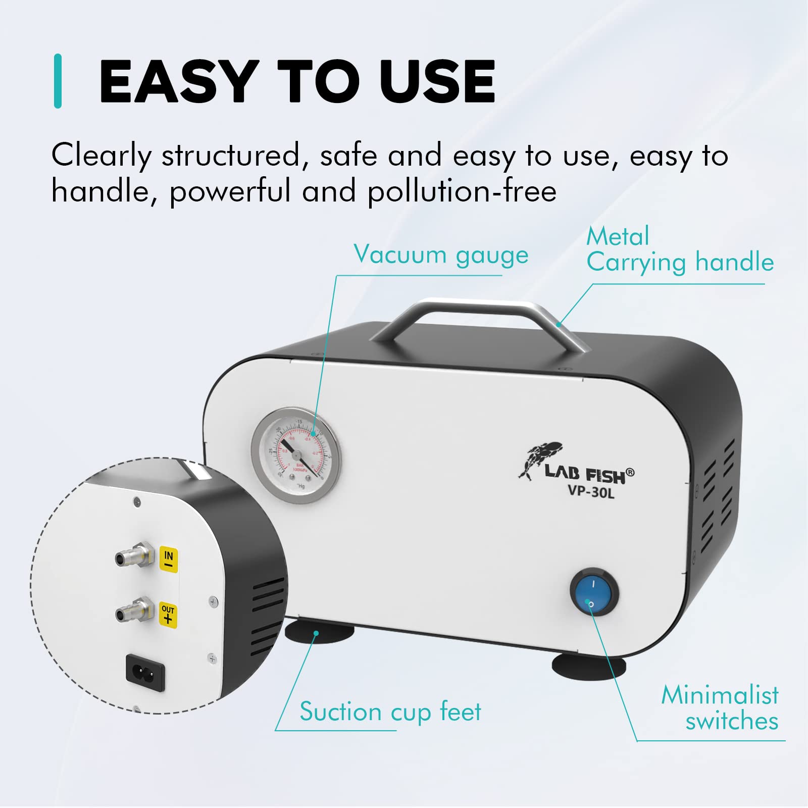 LAB FISH 30L/min Portable Oilless Diaphragm Vacuum Pump - High Efficiency Filtration System with Rubber Tube for Positive/Negative Pressure - Perfect for Chemistry Labs, Home Brewing & DIY Projects