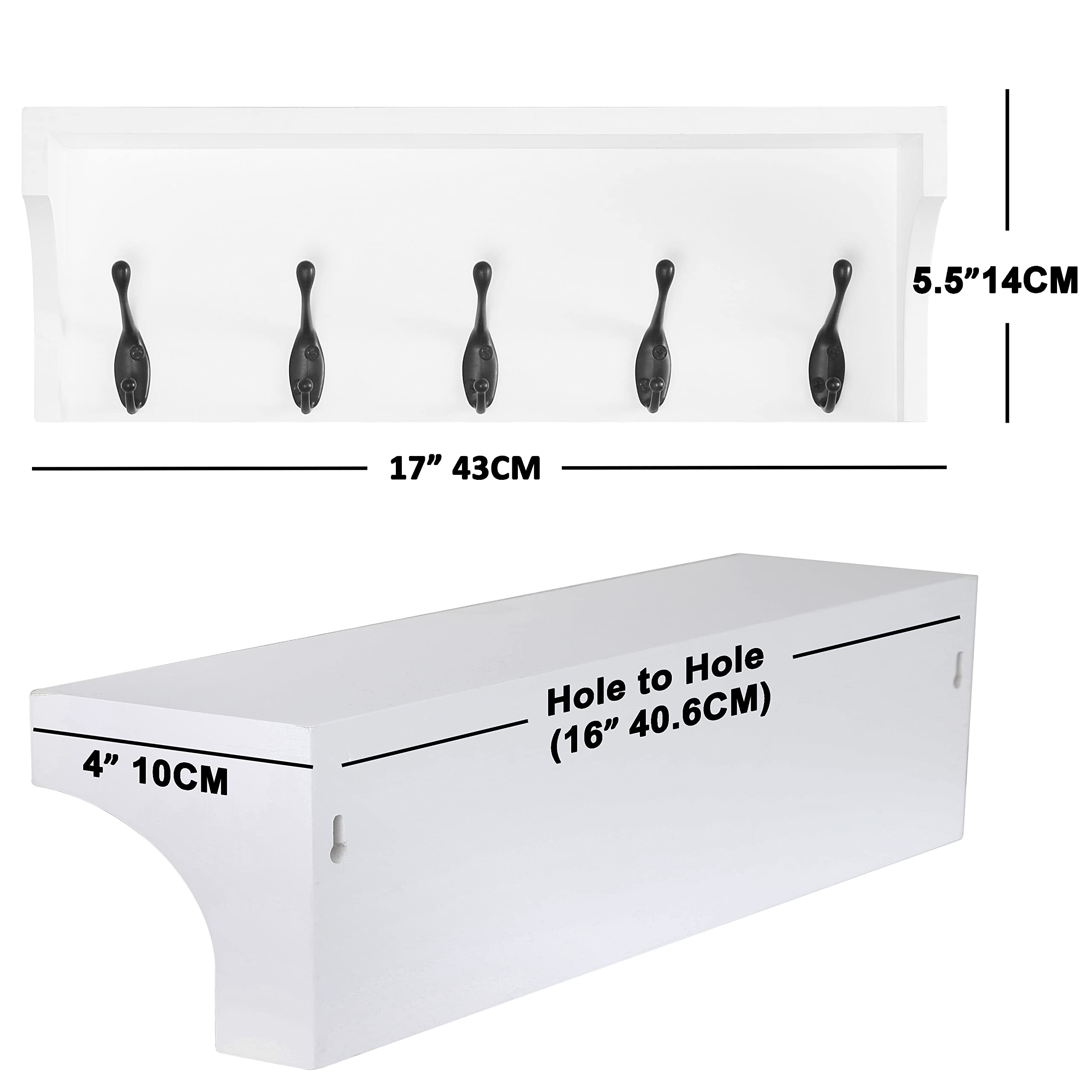 Dseap 17-inch Wall Shelf with 5 Dual Hooks - Heavy Duty Solid Pine Wood Coat Rack with Storage Shelf - Entryway Organizer for Mudroom, Kitchen, Bathroom, Bedroom - Perfect for Hanging Coats, Bags, Towels & Decor (White TEG02B)