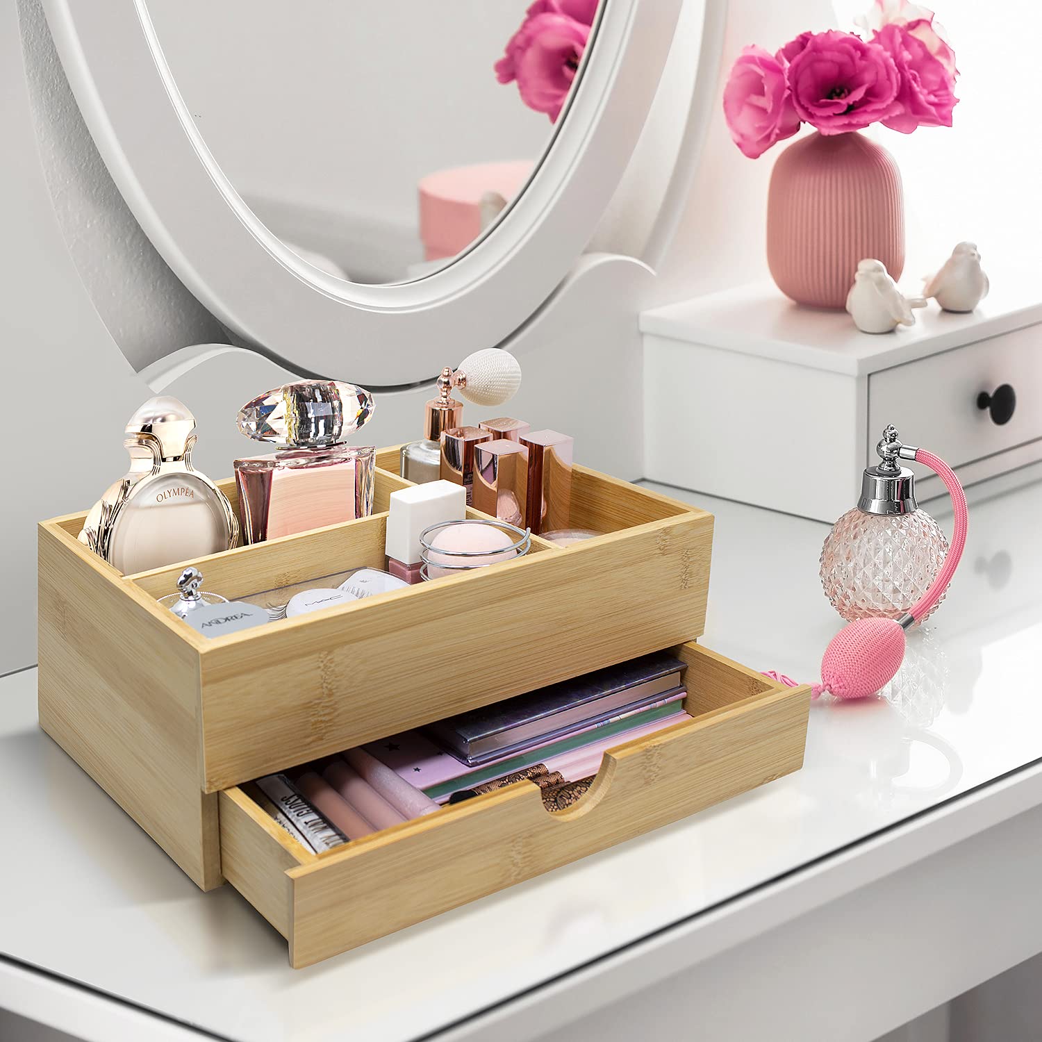 Sorbus Bamboo Wood Storage Drawer Organizer for Office Desk, Countertop, Vanity & Bathroom - Perfect for Office Supplies, Makeup, Cosmetics & Skincare Organization (Set of 3) - Ideal for Home, Office & Beauty Storage Solutions