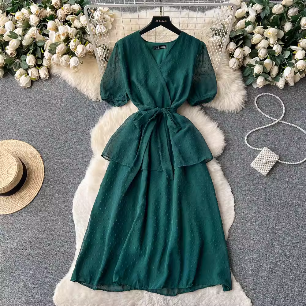 French V-Neck Puff Sleeve Summer Dress - Sweet Flowy Skirt for Women | Perfect for Beach Vacations, Date Nights & Outdoor Parties