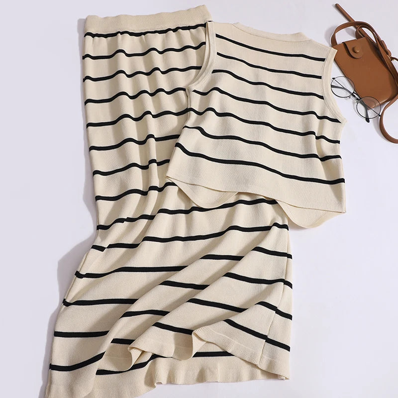 Black Beige Patchwork Stripe Two Piece Set - Women's Summer V Neck Sleeveless Vest Top with Elastic Waist Long Skirt | Casual Outfit for Beach Vacation, Date Night & Summer Parties