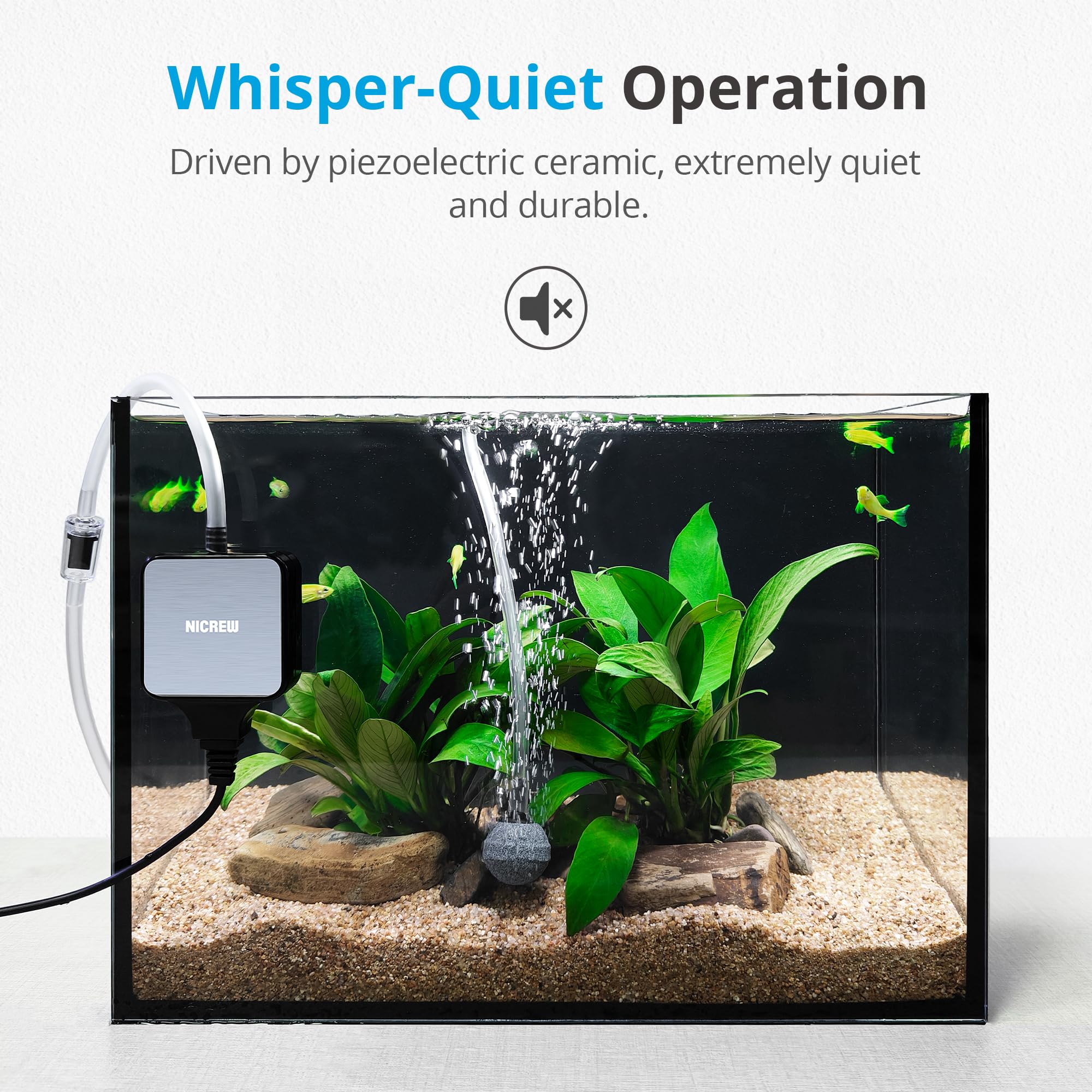 NICREW Nano Silent Aquarium Air Pump for 1-10 Gallon Fish Tanks - Ultra Quiet 0.3L/min Oxygen Aerator with Accessories (1.5W, Black) - Perfect for Small Home Aquariums, Betta Fish Bowls & Desktop Fish Tanks