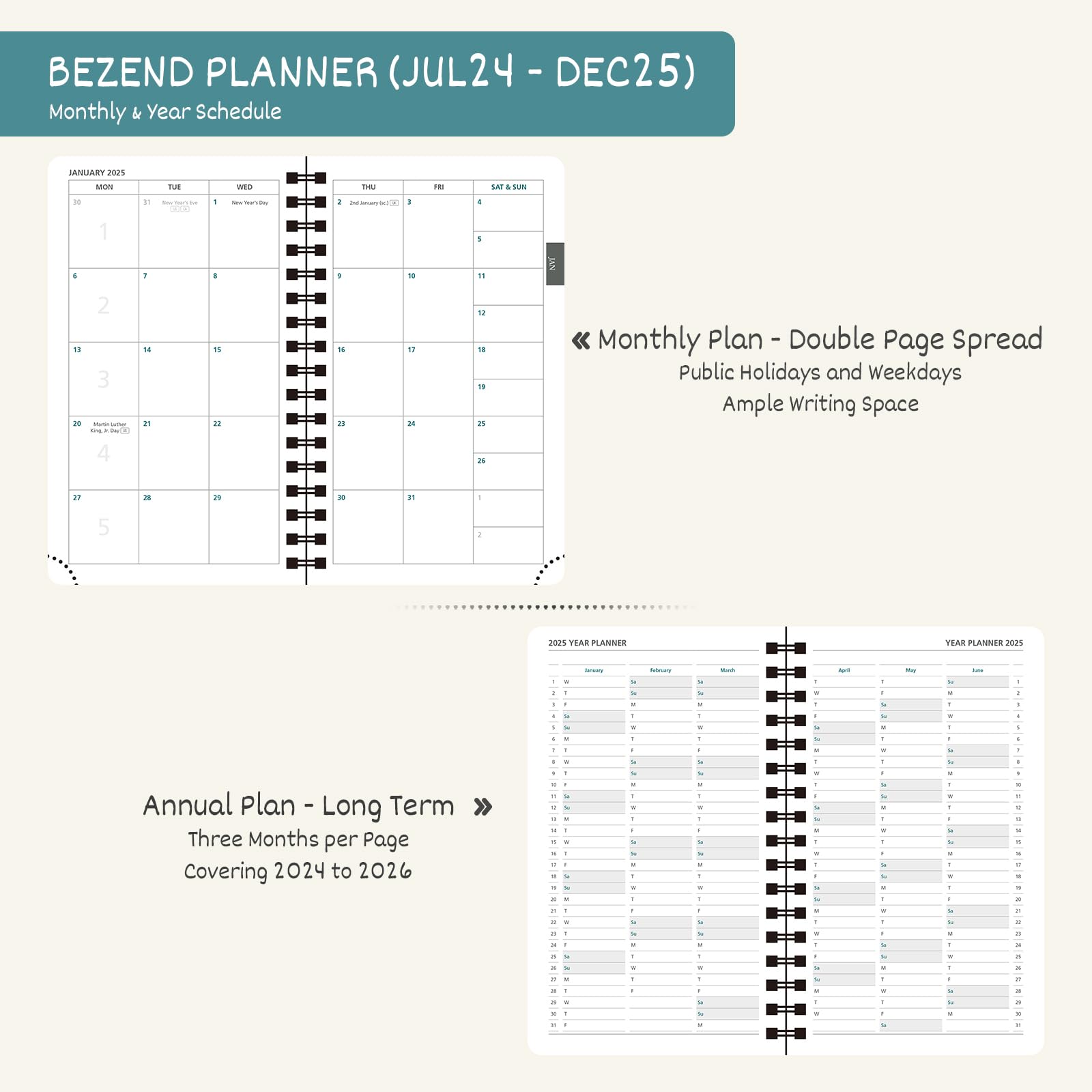 BEZEND 2024-2025 18-Month Academic Planner (July 2024 - December 2025) - Lavender Vegan Leather Cover, Spiral Bound Weekly & Monthly Calendar - Perfect for Students, Professionals & Organizing Schedules