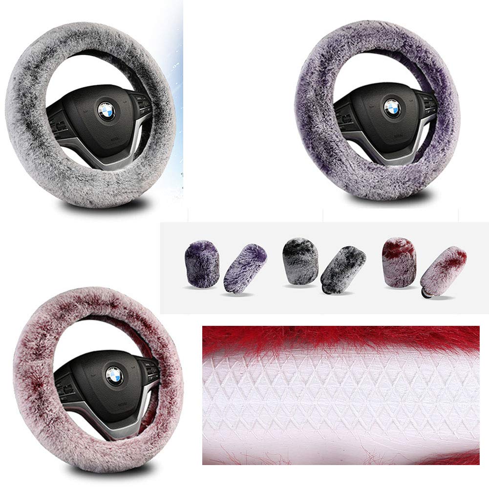 SHIAWASENA Warm Faux Wool Steering Wheel Cover Set - Includes Handbrake Cover & Gear Shift Cover (3-Piece, Blue & Gray) for Winter Driving Comfort & Car Interior Protection