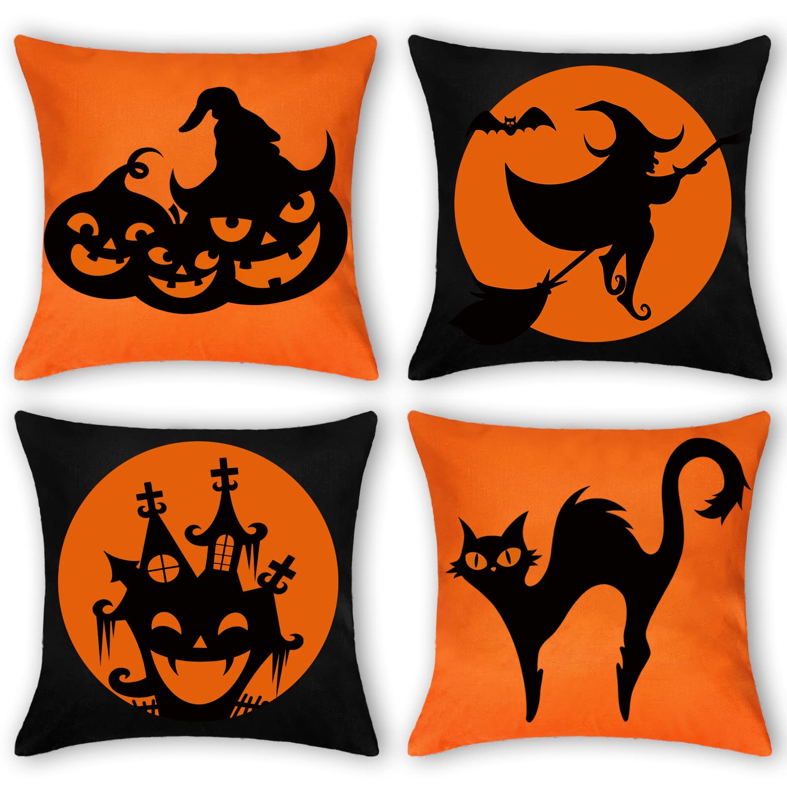 18x18 Inch Halloween Throw Pillow Covers Set of 4 - Orange & Black Pumpkin Cat Witch Design for Couch, Sofa, Bed - Bunny Chorus Halloween Decor for Home & Office