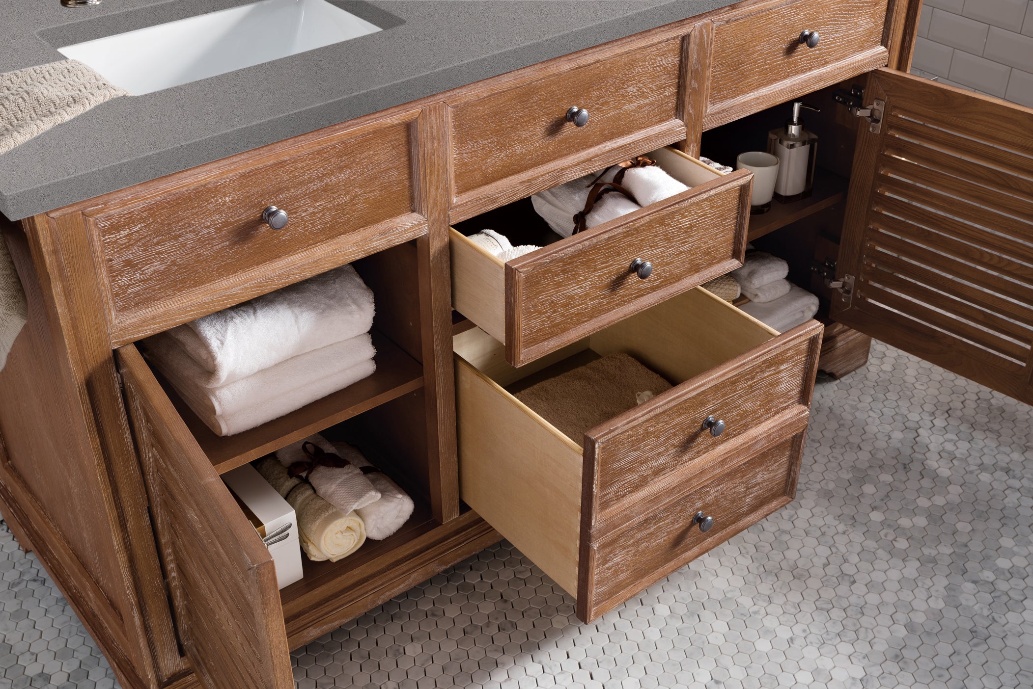 Savannah 60-Inch Double Vanity Cabinet in Driftwood Finish with 3CM Gray Expo Quartz Countertop - Perfect for Master Bathroom Renovation and Modern Home Decor
