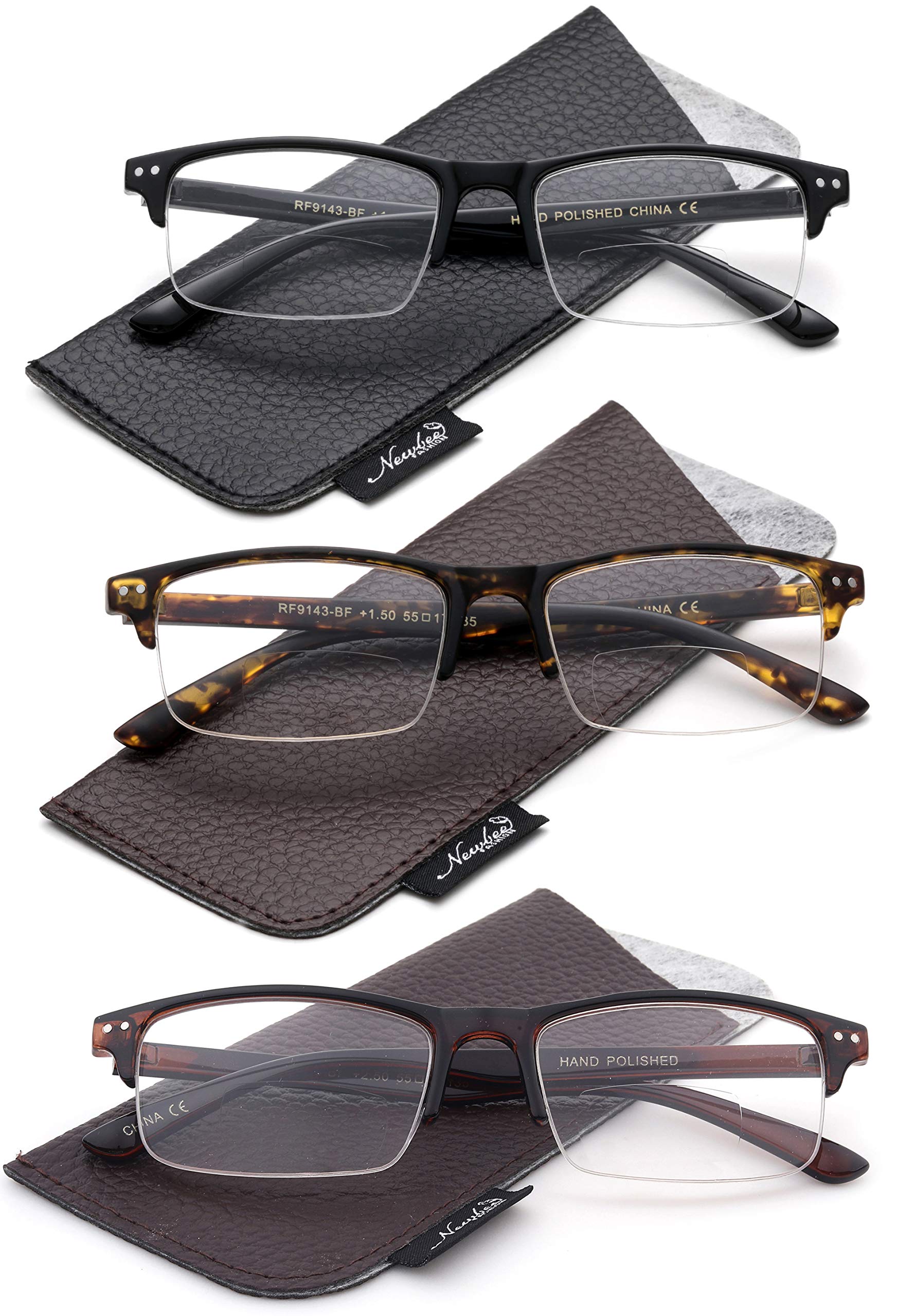3 Pairs Bifocal Reading Glasses for Men - Half Frame Lightweight Readers with Storage Pouch - Perfect for Reading, Computer Work & Daily Use