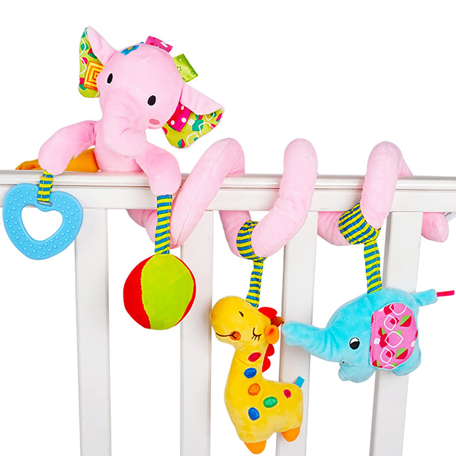 Baby Car Seat Toys 0-6 Months - Spiral Stroller Toys for Newborns 0-3 Months, Hanging Activity Toys for Infant Car Seat, Stroller, Crib & Bassinet - Soft Pink Elephant Design - Perfect for Travel, Playtime & Sensory Development
