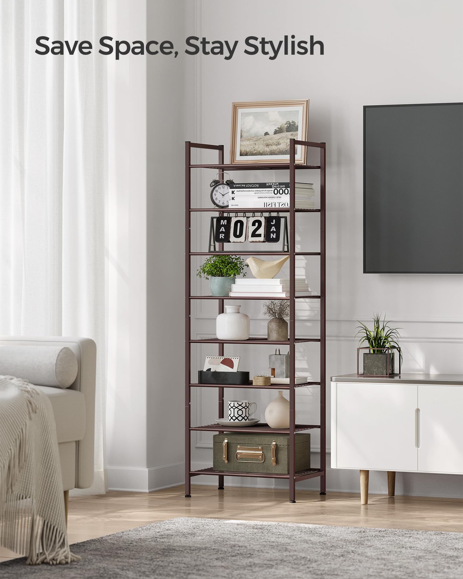 SONGMICS 8-Tier Narrow Shoe Rack - Slim Metal Shoe Storage Organizer for Small Spaces, Entryway & Closet | Sturdy Bronze Shelf for Shoes, Boots & Sneakers | Perfect for Apartments, Dorms & Tight Spaces