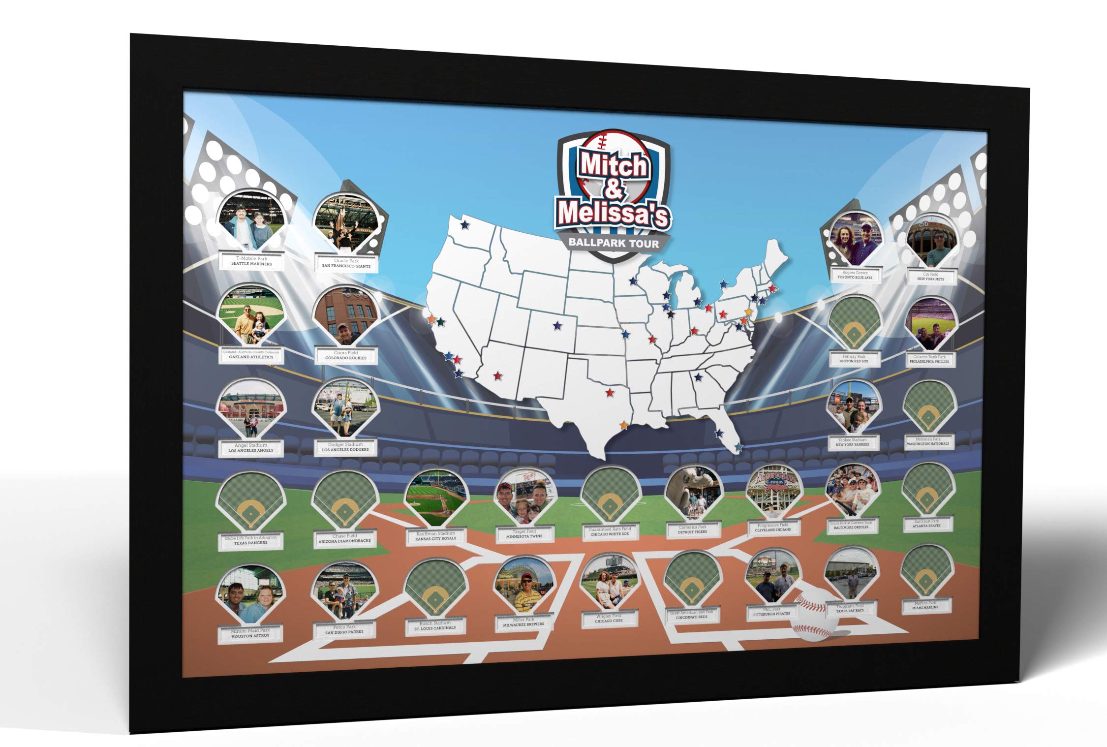 Custom Ballparks Photo Map - Handmade in USA with Black Frame | Perfect for Baseball Fans, Home Decor & Gift Ideas