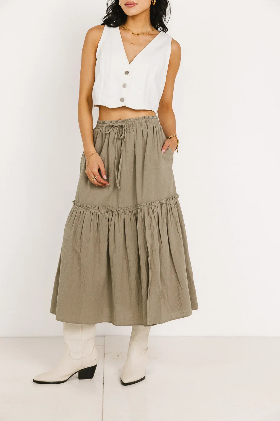 Aspen Midi Skirt in Olive Green - Women's A-Line Skirt with Pockets | Perfect for Casual Outfits, Office Wear & Fall Fashion