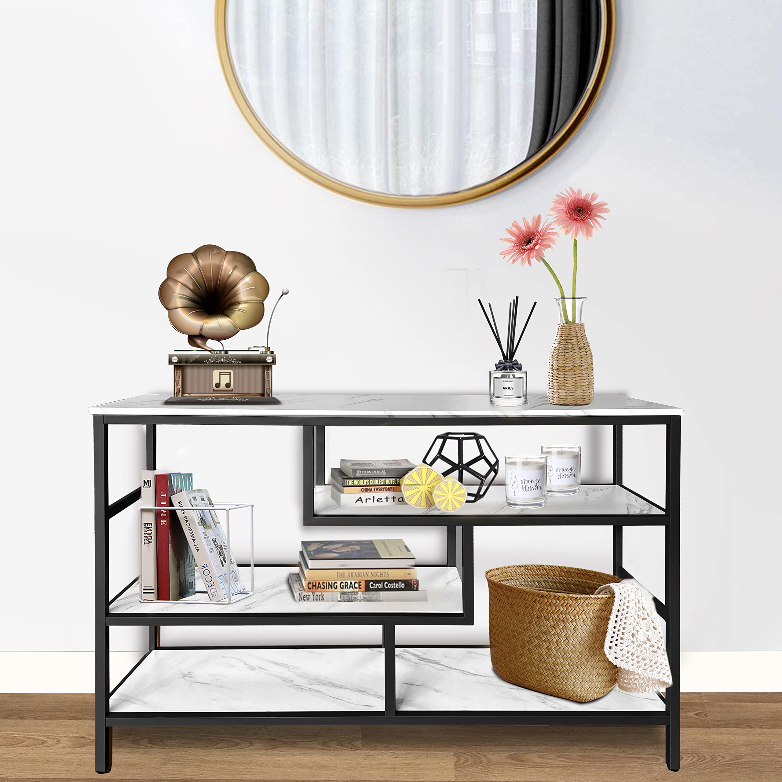 AT-VALY Modern Console Table with Storage Shelves - Entryway Sofa Table with Faux Marble Veneer for Living Room, Hallway, Bedroom - Black & White Home Decor for Small Spaces & Apartments