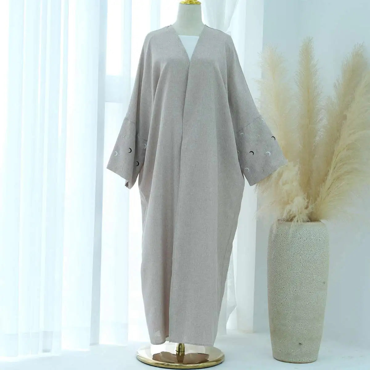 Moon Embroidery Cardigan Open Abaya Dress - Elegant Muslim Women's Outerwear for Prayer, Wedding & Special Occasions