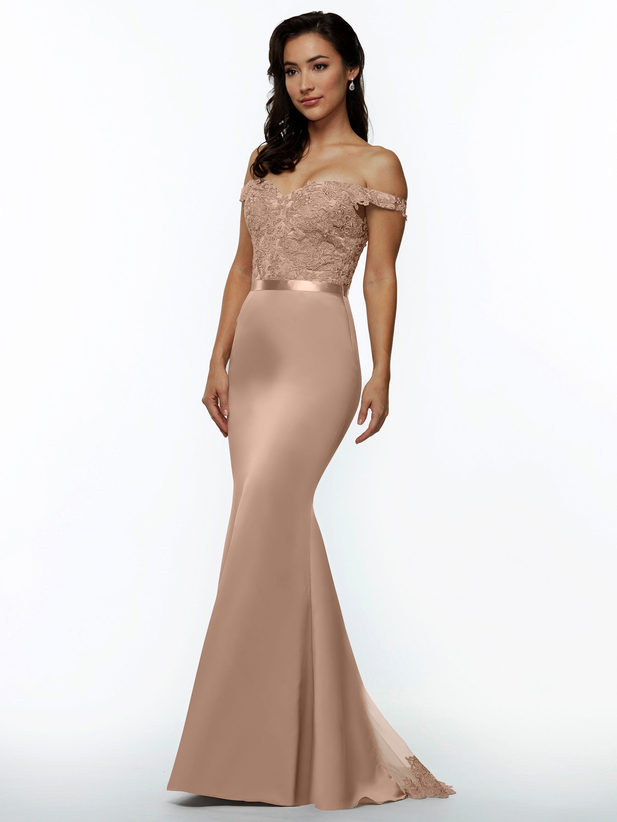 Elegant 80104 Satin Off-The-Shoulder Bridesmaid Dress with Lace Bodice & Waist Sash - Perfect for Weddings, Proms & Formal Events