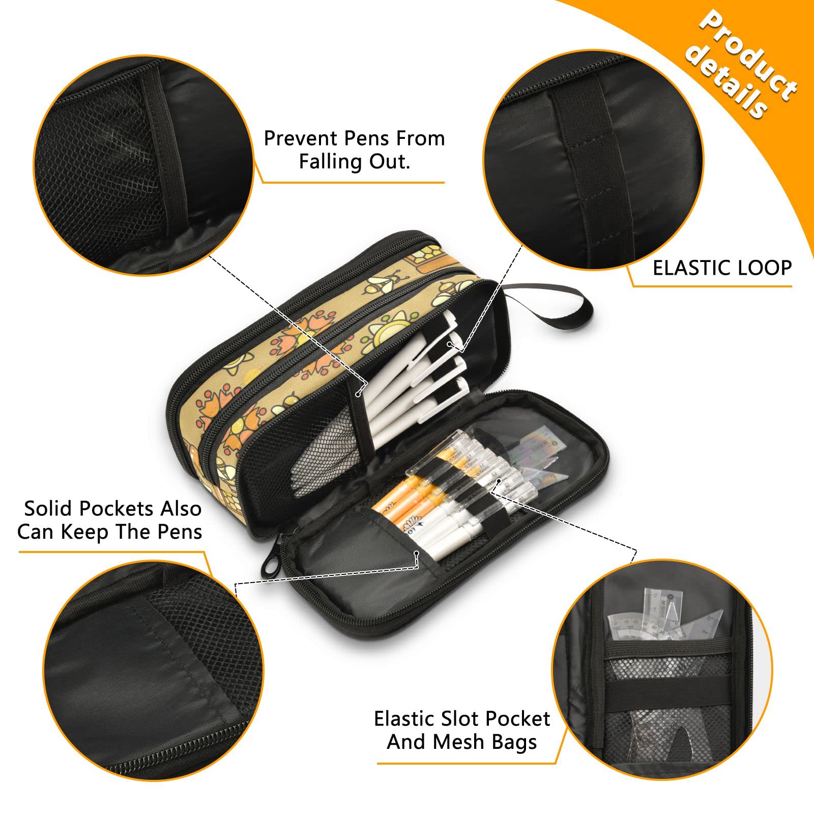 J JOYSAY Large Honey Bee Pencil Case - Big Capacity School Organizer for Students, Perfect for Classroom & College
