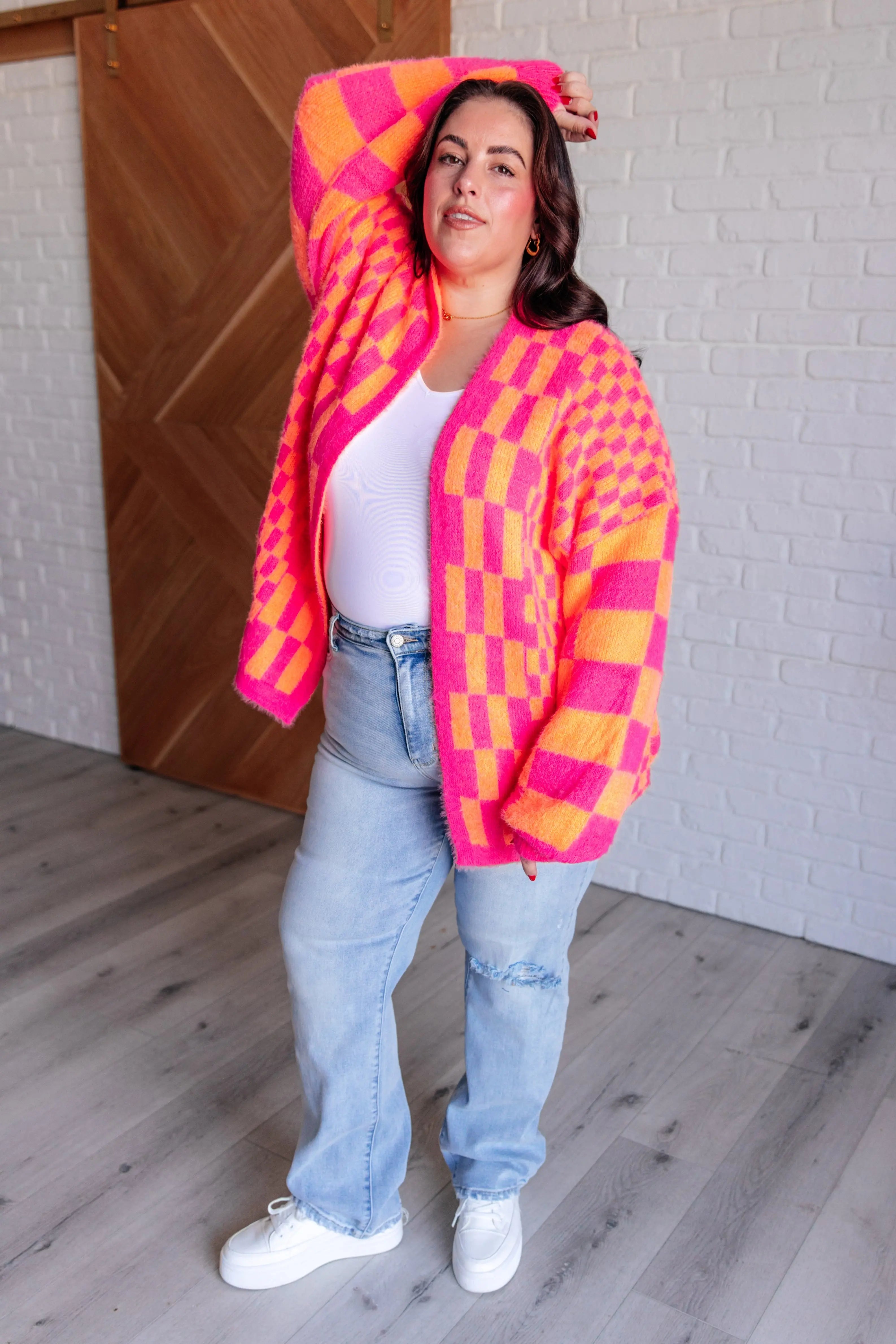 Trendy Pink and Orange Neon Checkered Cardigan for Women - Stylish Retro 90s Vintage Knit Sweater - Perfect for Casual Outfits, Streetwear Fashion, and Instagram Photos
