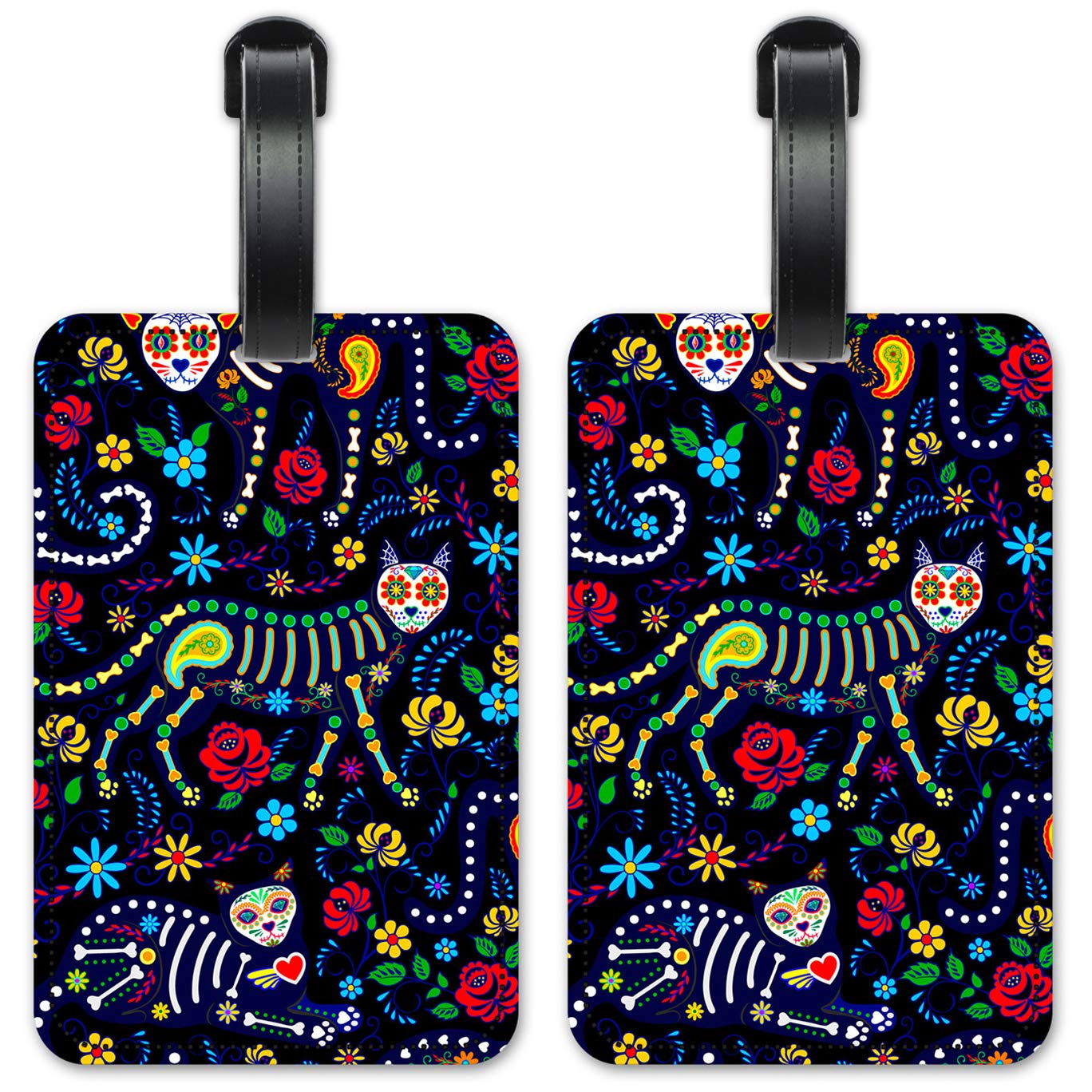 Day of The Dead Cat Luggage ID Tags - Set of 2 Suitcase Identification Cards for Travel - Perfect for Halloween, Dia de Los Muertos & Vacation Accessories