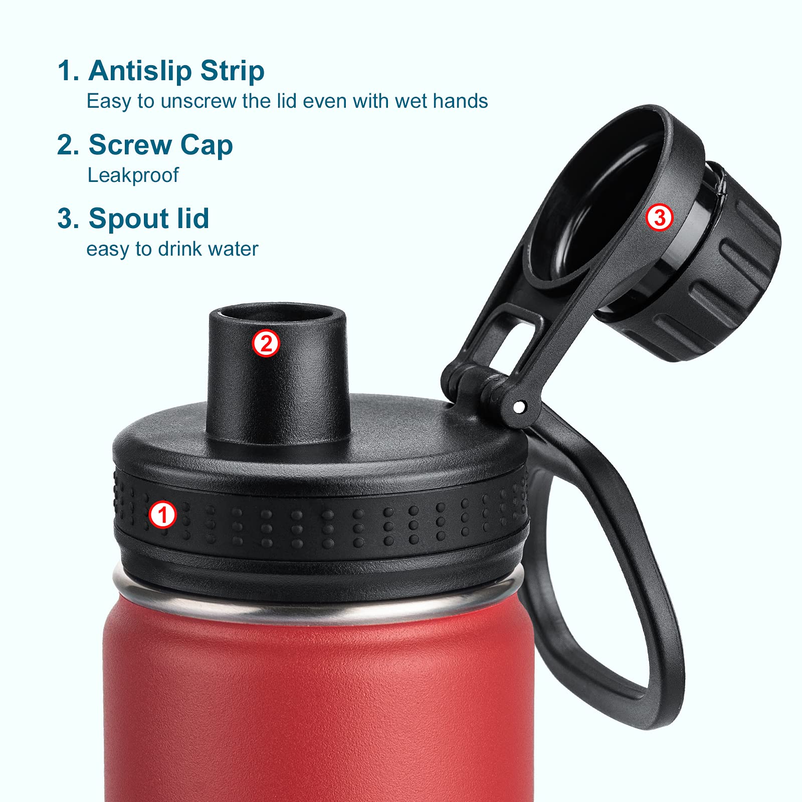 KOODEE 16 oz Stainless Steel Vacuum Insulated Water Bottle - 2 Pack BPA-Free Sports Water Bottles for School, Gym & Outdoor Activities (Canyon Red-Black) - Keeps Drinks Cold 24Hrs/Hot 12Hrs