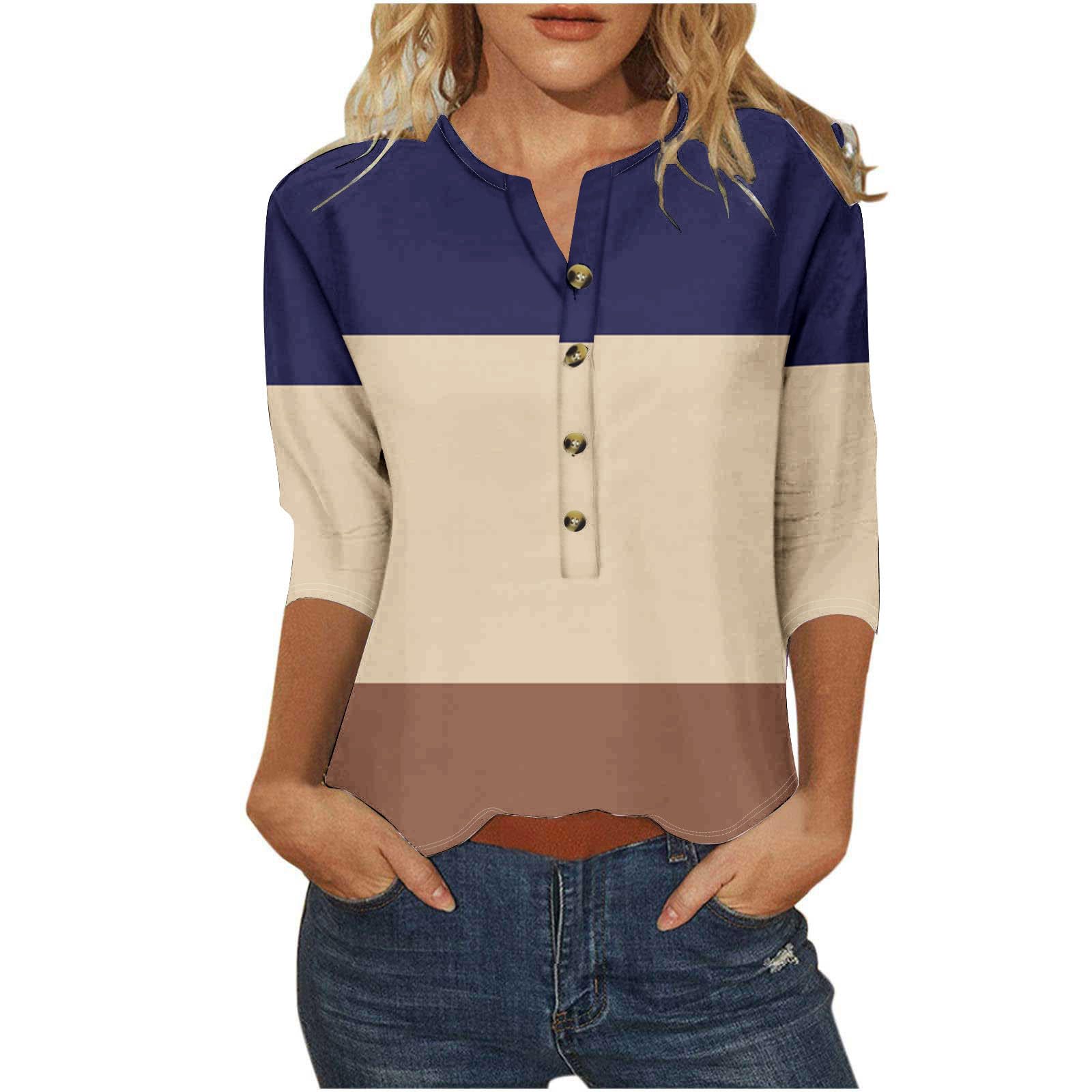Women's 3/4 Sleeve Button Down Tunic Top - Color Block Crew Neck Loose Fit Casual Tee Shirt for Summer | Perfect for Beach Outings, Weekend Brunch & Everyday Wear