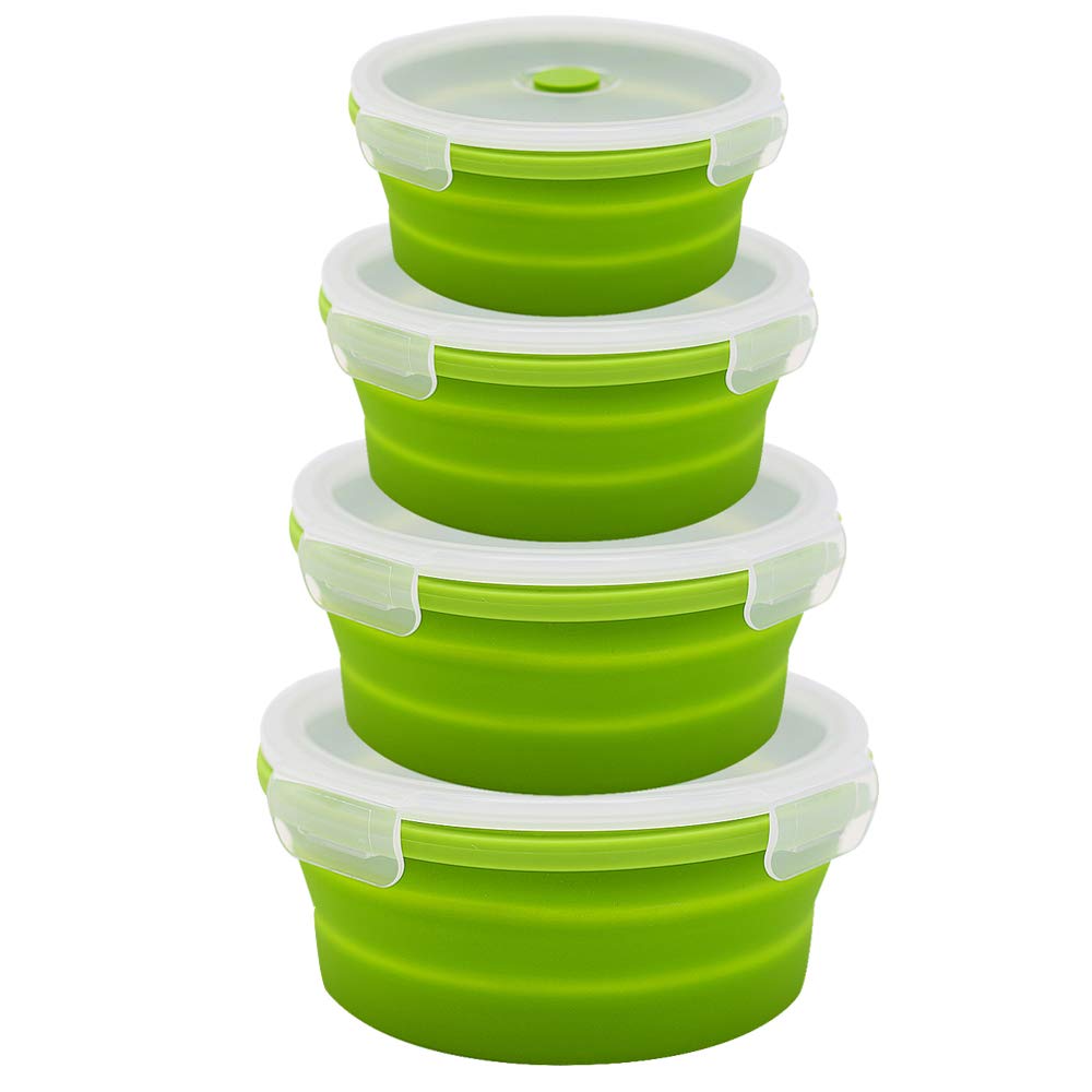 URBEST Collapsible Silicone Food Storage Bowls with Lids - Set of 4 Microwave & Freezer Safe Round Containers for Camping, Picnics, Meal Prep & Office Lunch (Green)