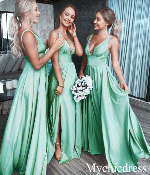 Elegant Backless V-Neck Gold Bridesmaid Dress with High Slit - Perfect for Beach Weddings, Formal Events & Evening Parties