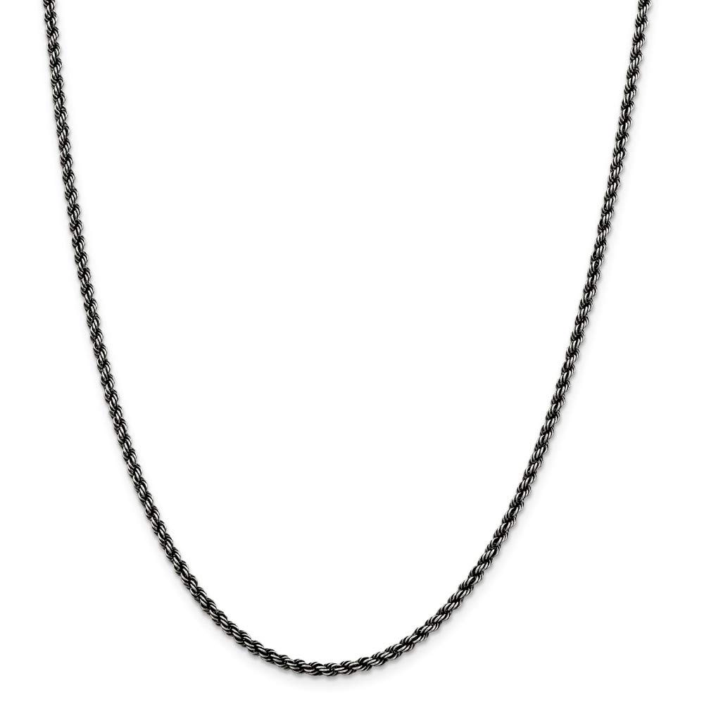 925 Sterling Silver Ruthenium Plated Rope Chain Necklace for Women - 2.3mm to 4mm Thickness, 16