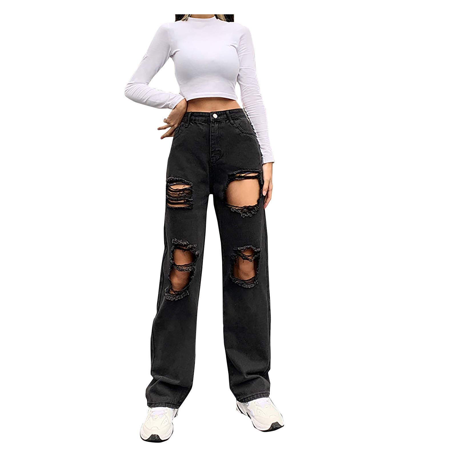 Distressed Ripped Jeans for Women - Slim Fit High Waisted Straight Leg Denim Pants | Fashionable Casual Wear for Everyday Outfits & Street Style