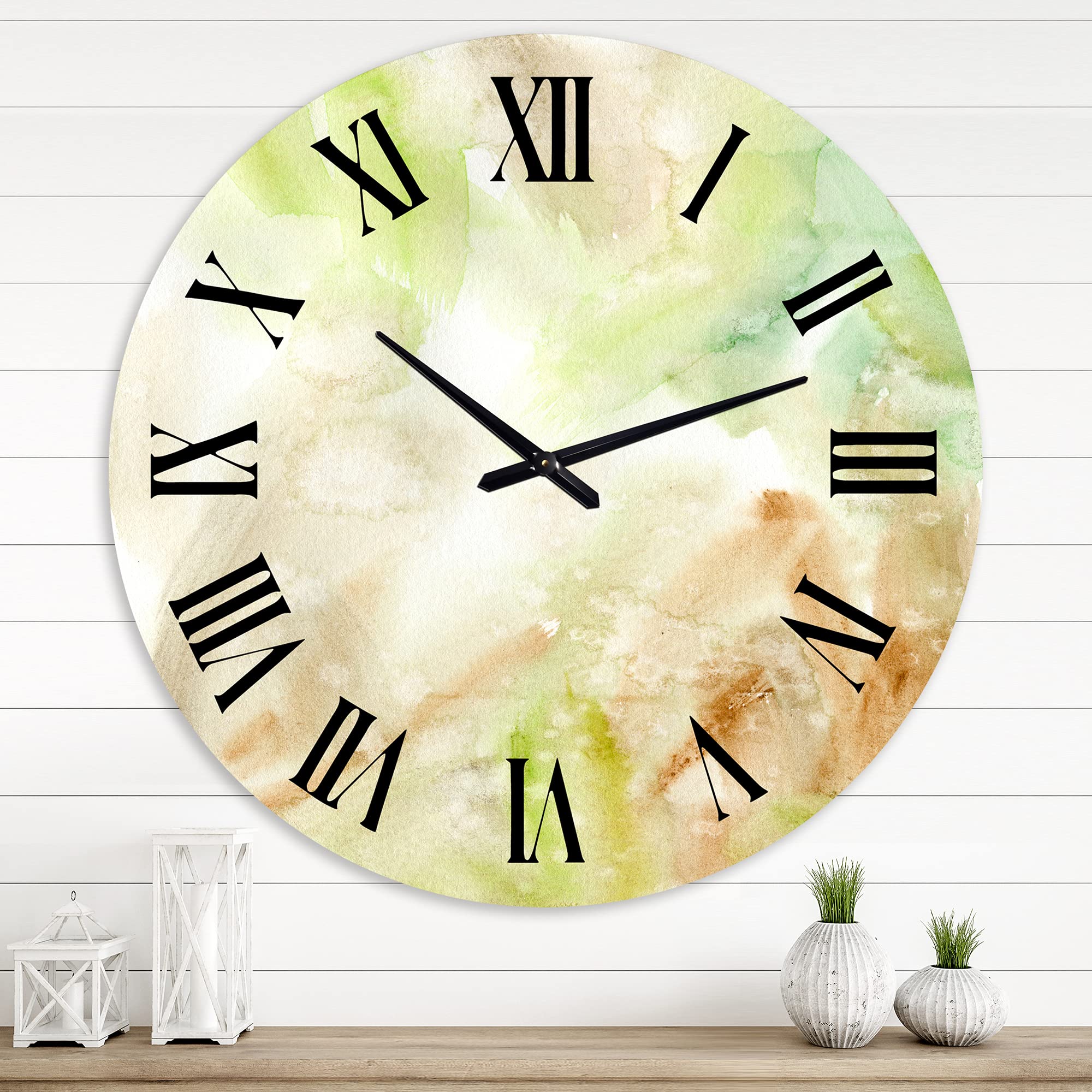 DesignQ Modern Abstract Wall Clock - Pastel Green, Brown & Beige Fractal Design - Large Decorative Clock for Living Room, Bedroom, Office | Home & Office Decor