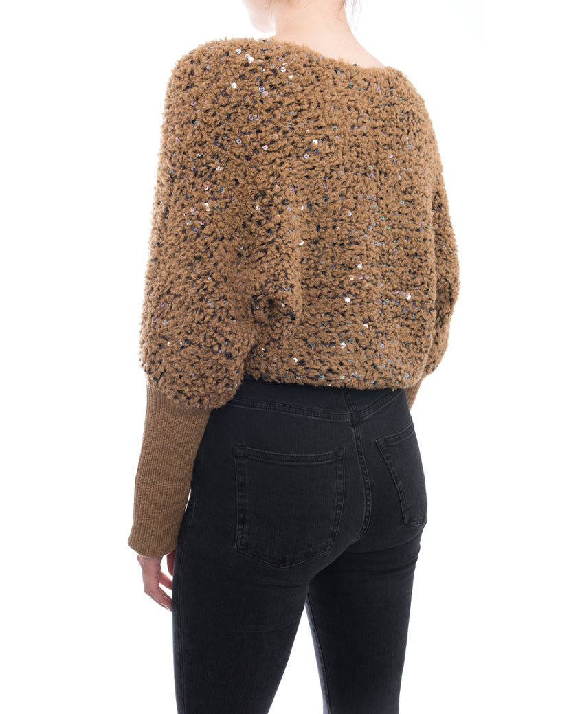 Brunello Cucinelli Women's Caramel Brown Sequin Embellished Textured Crop Sweater Size M - Perfect for Holiday Parties & Evening Events