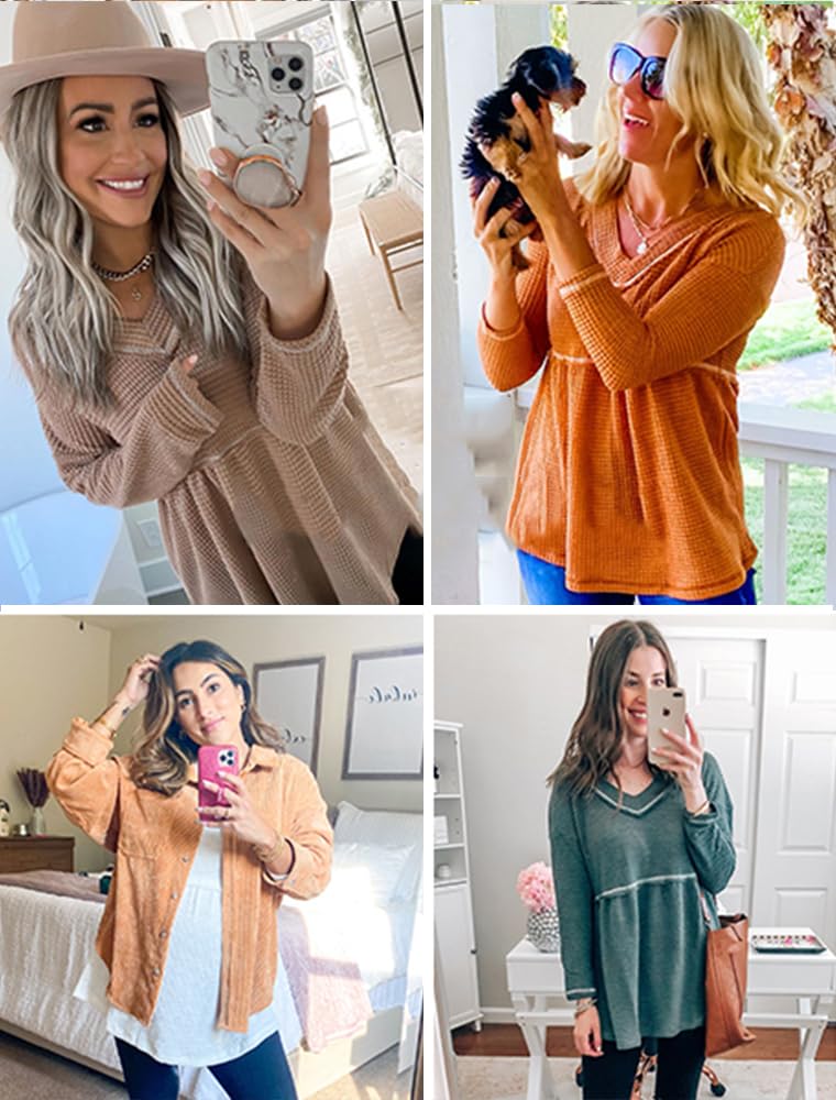 Women's V-Neck Waffle Knit Tunic Top - Long Sleeve Peplum Pullover Sweater | Casual Flowy Babydoll Swing Shirt for Everyday Wear, Office & Date Night Outfits