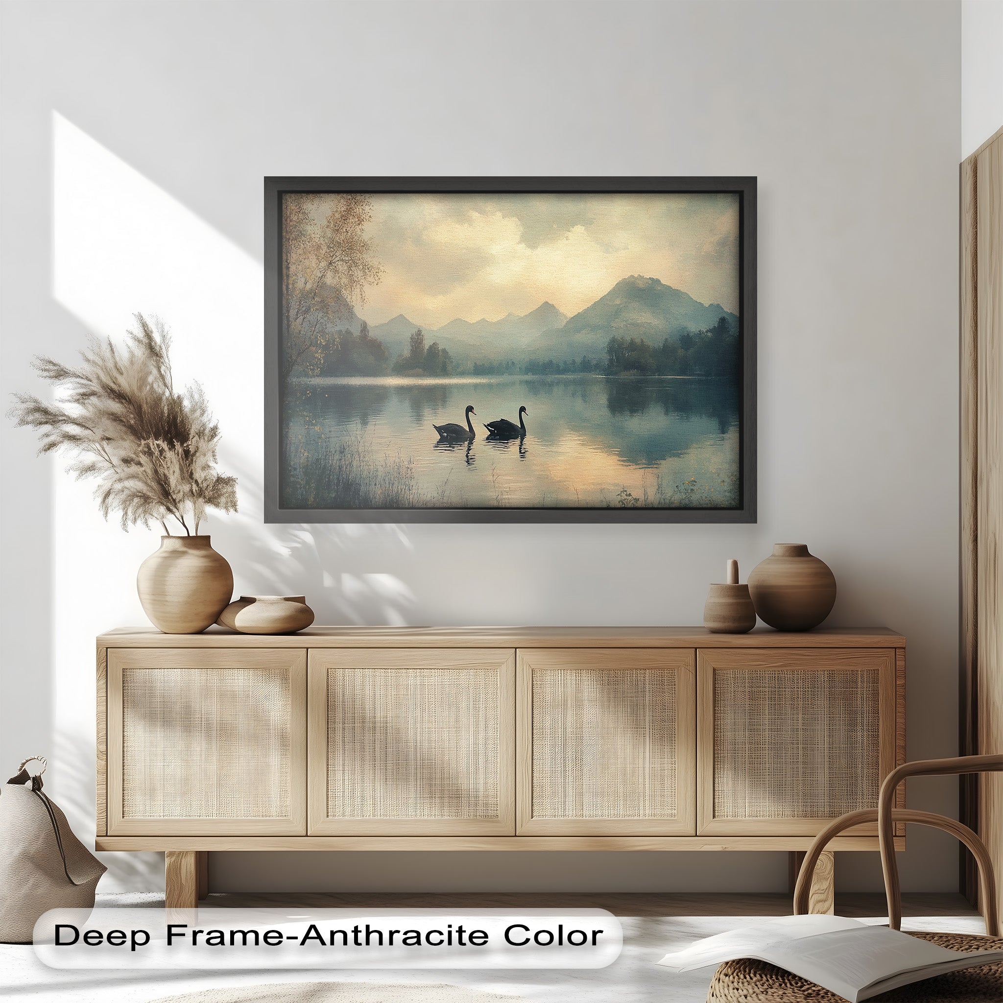 Black Swans on a Mountain Lake - Modern Oil Painting Wall Art for Living Room, Bedroom & Office Decor | Handmade Canvas Artwork | Nature Inspired Home Decoration