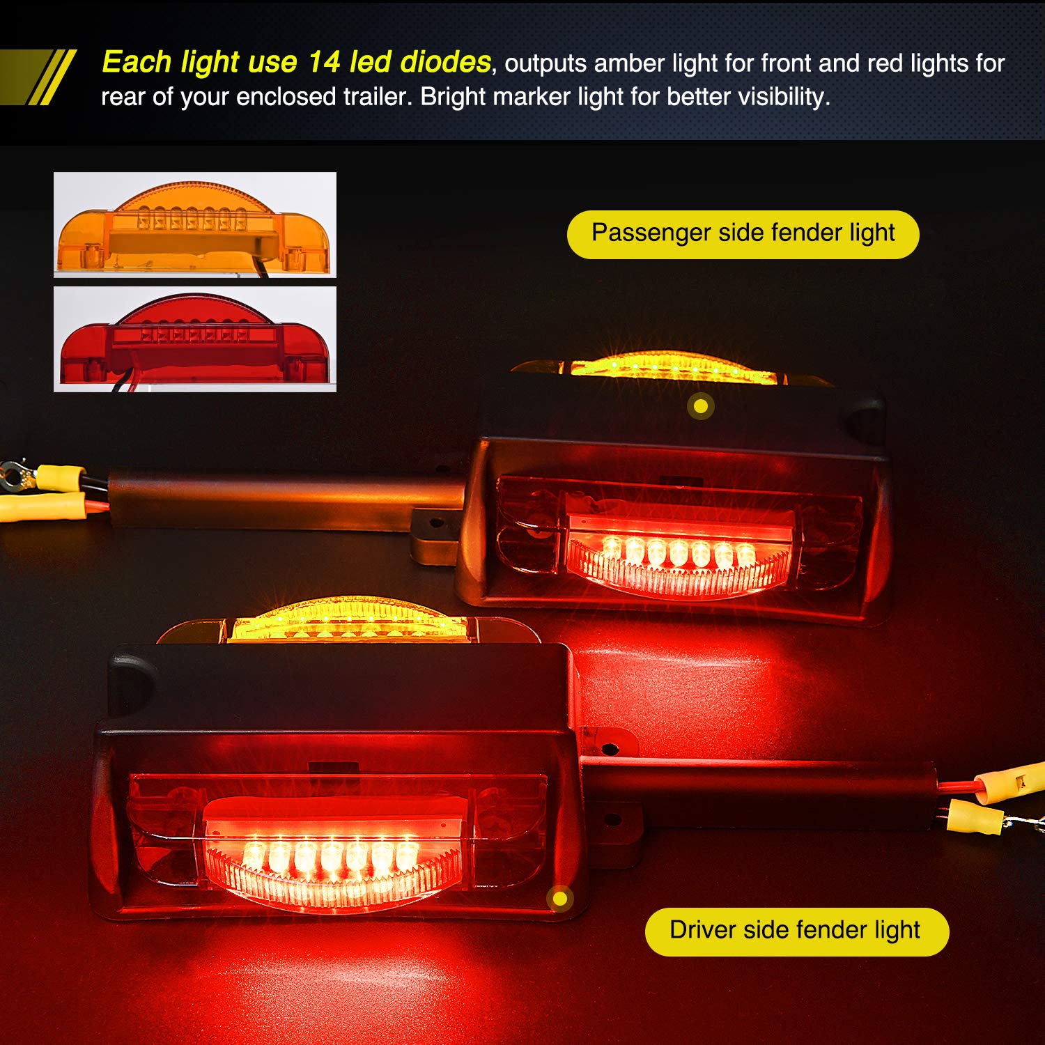 Nilight 2PCS LED Trailer Fender Lights - Amber Front & Red Rear, Pre-Wired Clearance Marker Lights for Trucks & Trailers | Waterproof, Durable for Heavy-Duty Use in Towing & Hauling