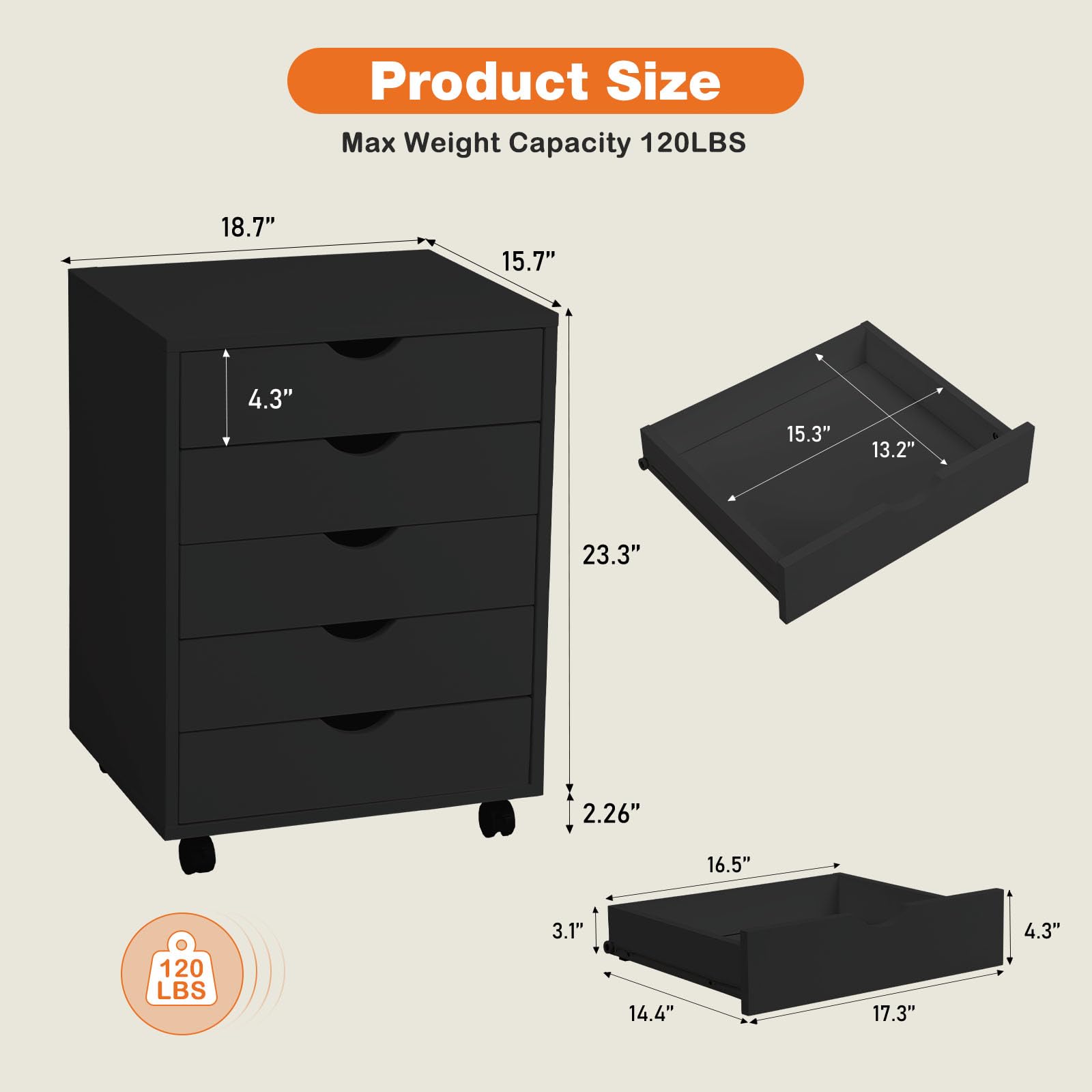 5-Drawer Wooden Storage Cabinet with Wheels - Mobile Organizer Dresser for Office, Bedroom & Home Organization - Black File Cabinet for Documents, Clothes & Household Items