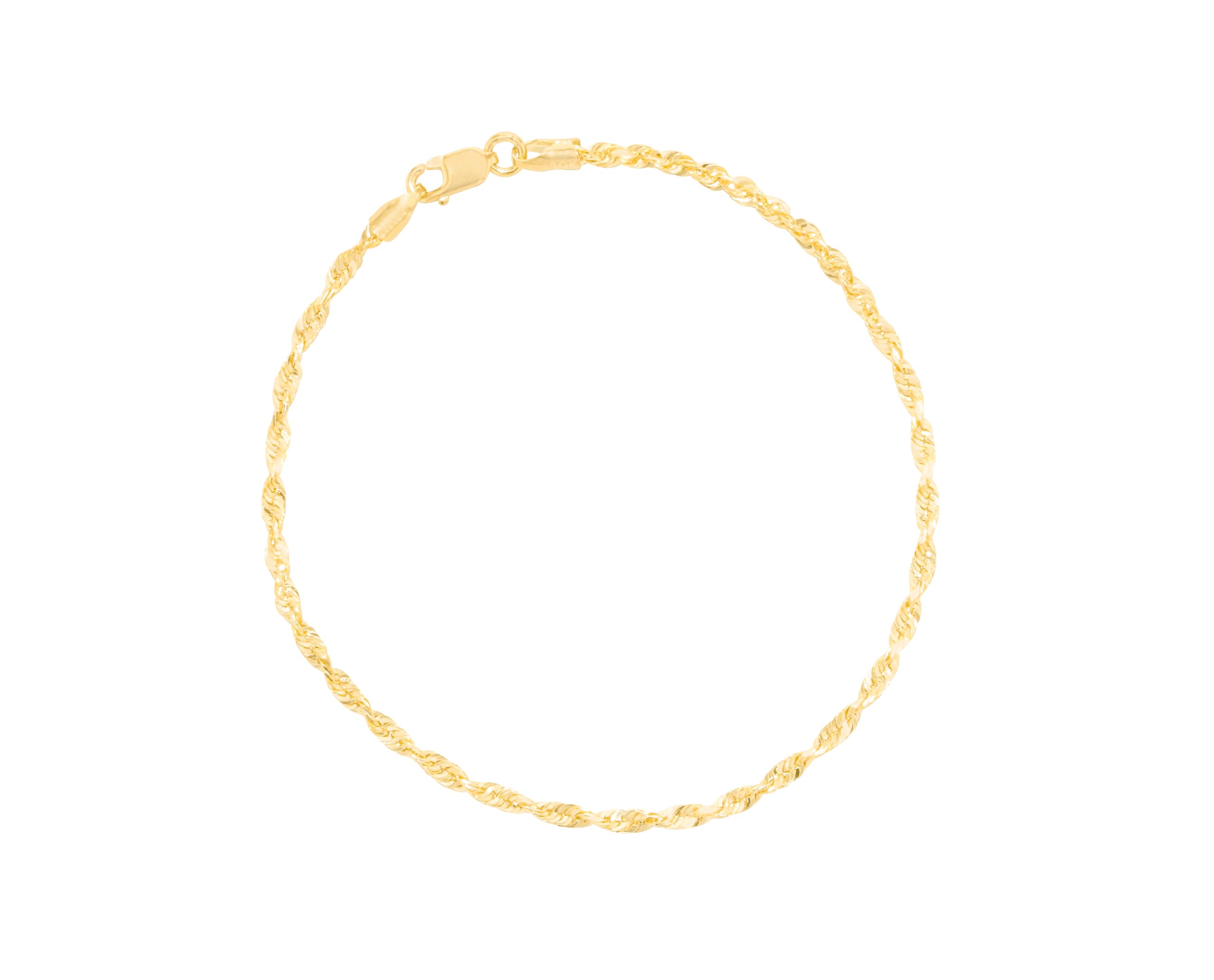 10K Yellow Gold 2.3mm Solid Spiral Rope Chain Bracelet or Anklet with Multi Diamond Cut - Elegant Jewelry for Women, Perfect for Parties, Weddings & Everyday Wear