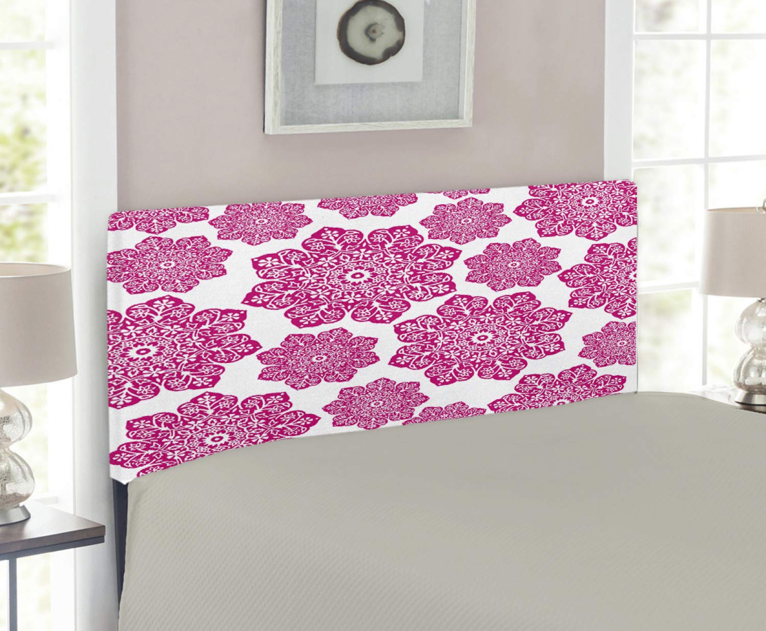 Ambesonne Hot Pink Upholstered Headboard with Batik Floral & Mandala Pattern - Twin Size Memory Foam Bed Headboard for Girls Room, Teen Bedroom & Guest Room Decor
