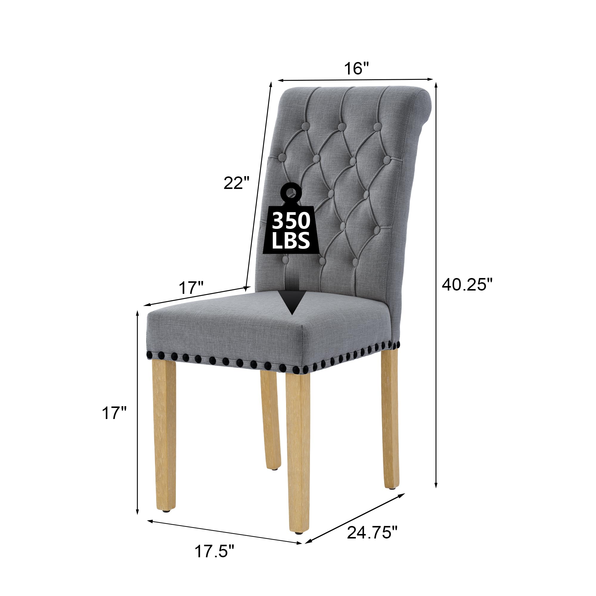 Modern Linen Fabric Dining Chairs Set of 2 - Parson Style with Nailhead Trim & Button Tufting - Solid Wood Legs Dark Grey - Perfect for Dining Room, Kitchen, Living Room & Home Office Seating