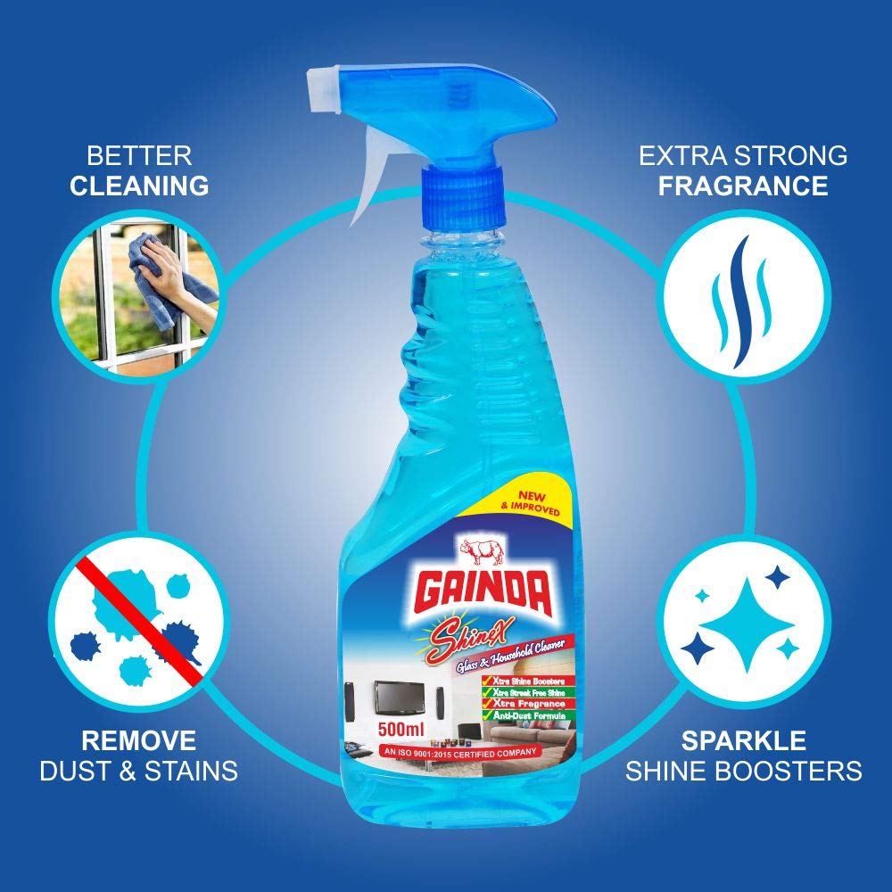 Gainda ShineX Glass & Surface Cleaner Spray - 500ml Streak-Free Formula for Mirrors, Windows, Appliances | Ideal for Home, Office & Commercial Cleaning