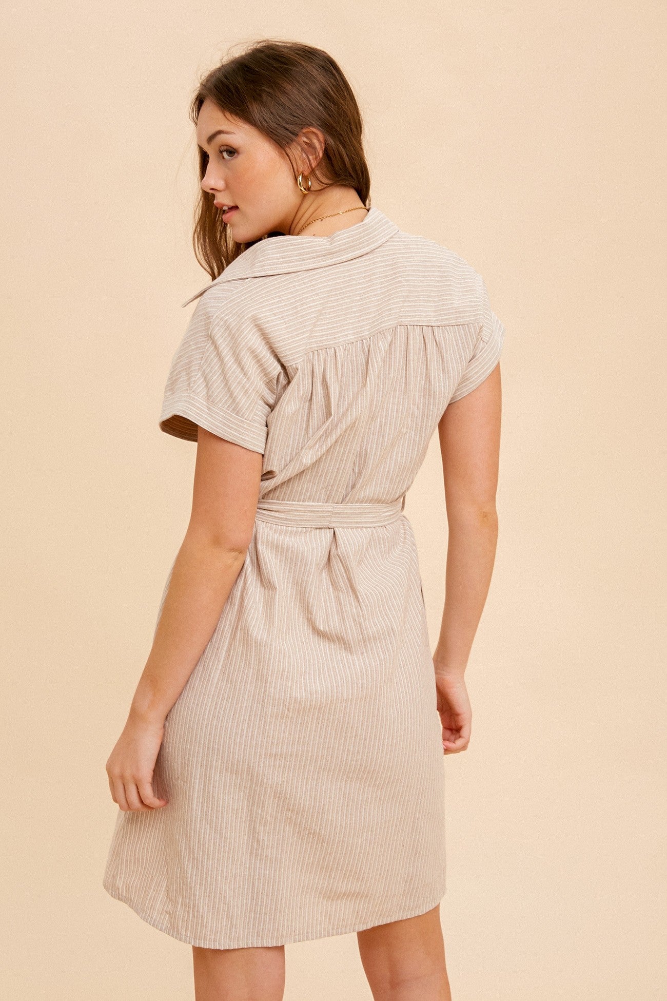 Beige Pin Stripe Belted Shirt Dress for Women - Stylish Office & Casual Wear - Perfect for Work, Dates & Everyday Outfits