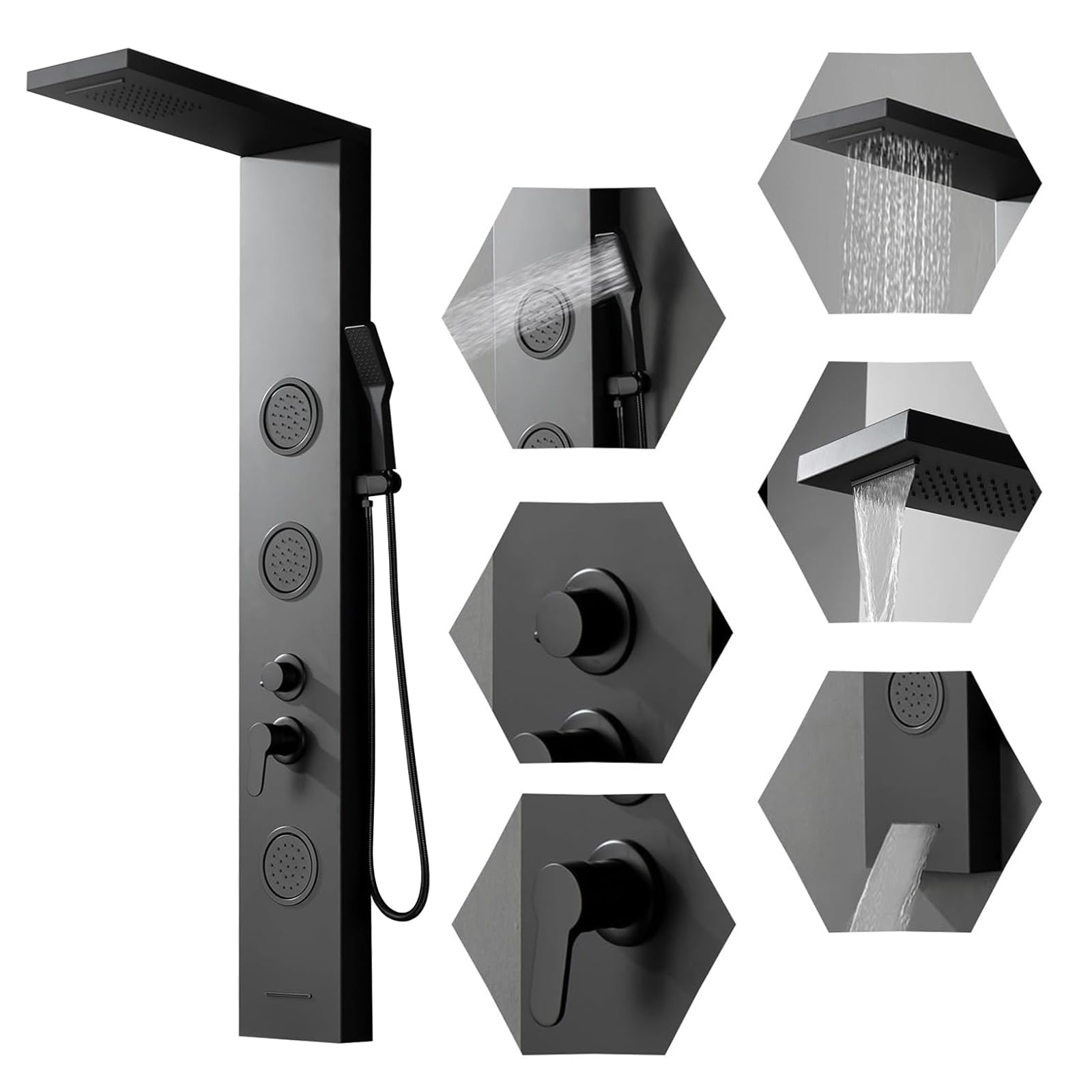 BWE 5-in-1 Stainless Steel Shower Panel System - Black Tower with Rainfall Shower Head, Waterfall Spray, Body Jets & Bathtub Spout | Luxury Bathroom Upgrade for Spa-Like Experience