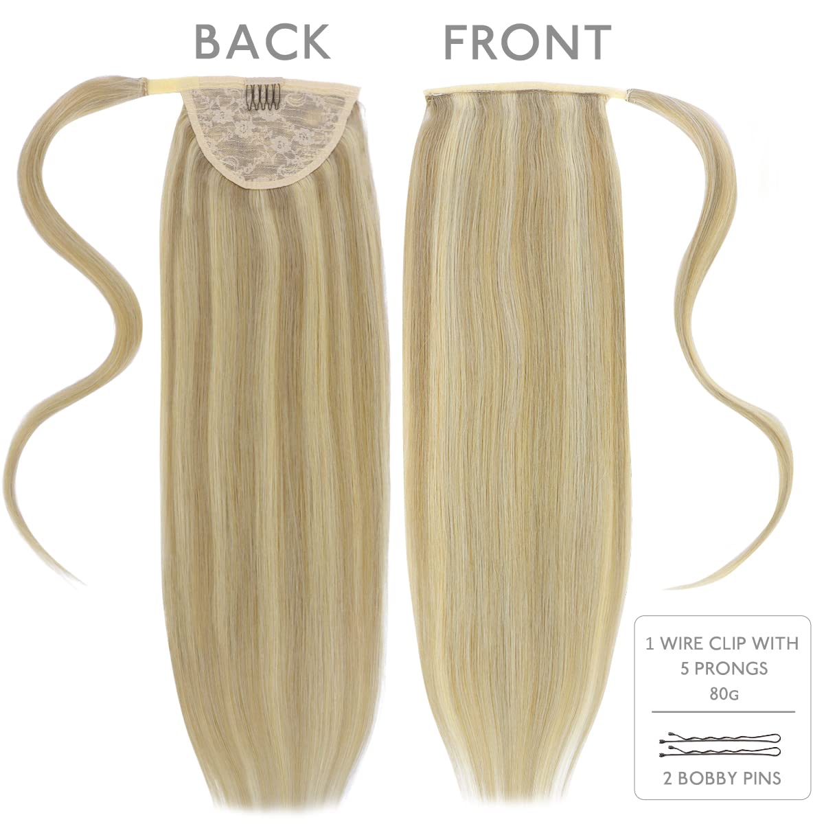 WENNALIFE 22 Inch Clip-In Ponytail Hair Extension - 80g Light Blonde Highlighted Golden Blonde Human Hair - Remy Hair Wrap Around Ponytail for Women - Perfect for Parties, Weddings & Daily Styling