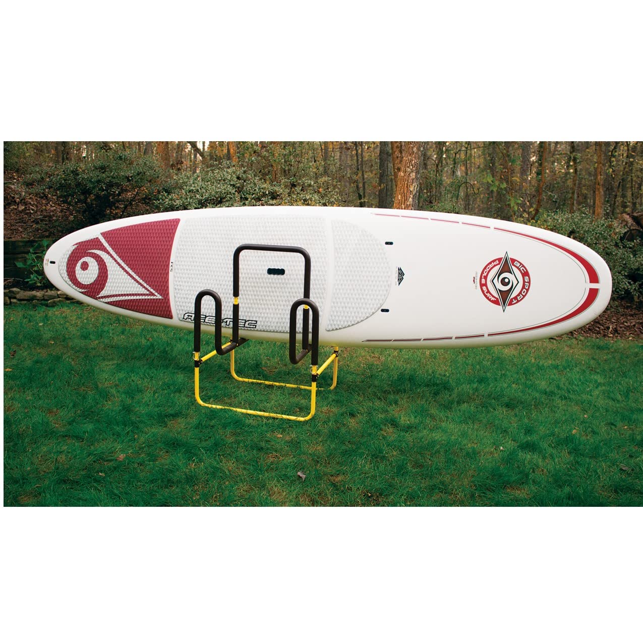 Suspenz Double-Up SUP Stand for 2 Stand Up Paddle Boards or Surfboards - Heavy Duty Yellow Kayak Rack (22-9936) - Perfect for Garage, Beach House, or Outdoor Storage
