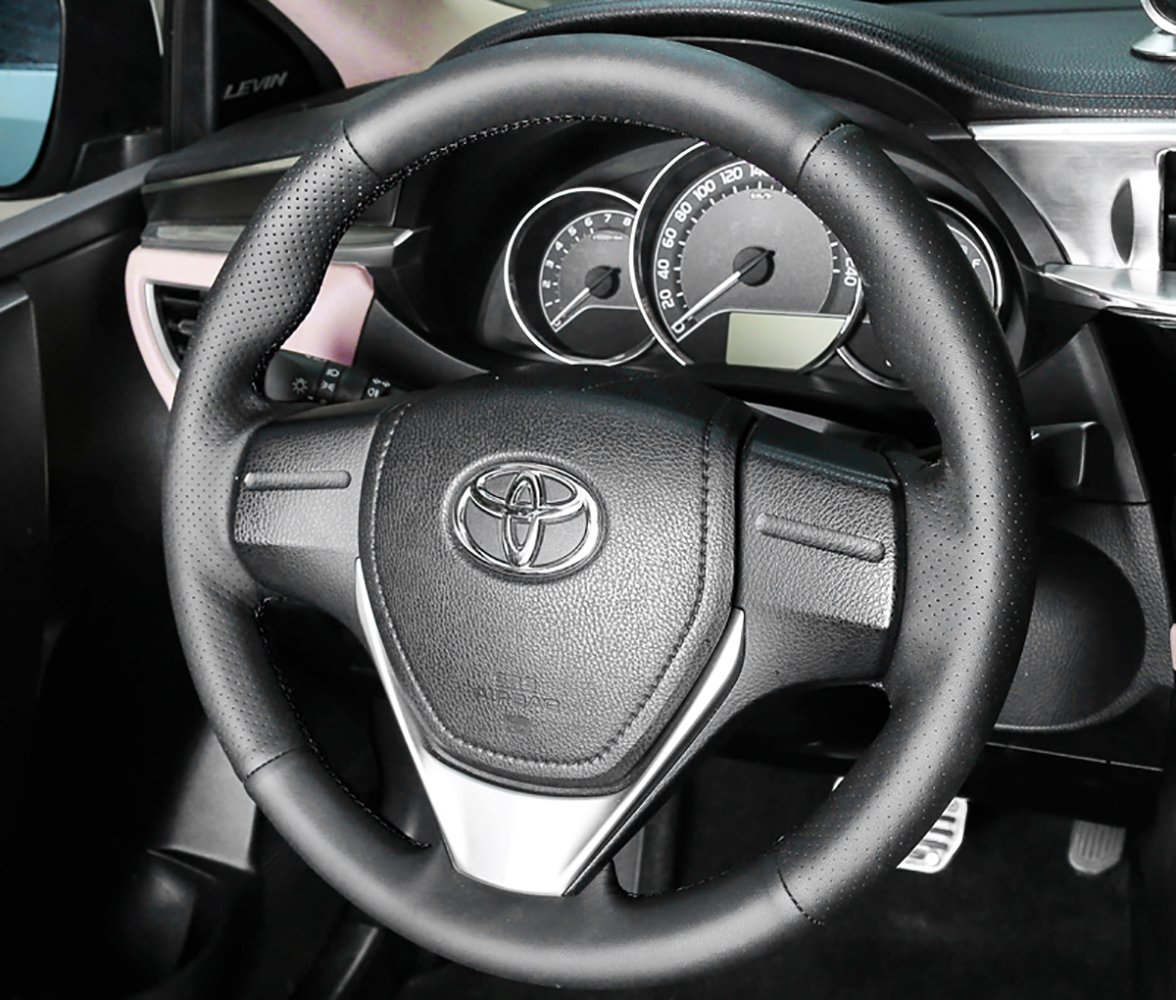 Premium Black Leather Steering Wheel Cover with Hand-Sewn Stitching for Toyota RAV4 2019-2023 - DIY Custom Fit for Enhanced Grip & Comfort During Long Drives