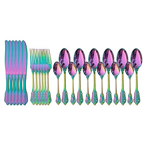 Premium 24-Piece Black Vintage Silverware Set - 304 Stainless Steel Knife Fork Spoon Cutlery Collection - Elegant Gold Trim Western Dinnerware for Formal Dining, Wedding Gifts & Luxury Table Setting (Rainbow Color)