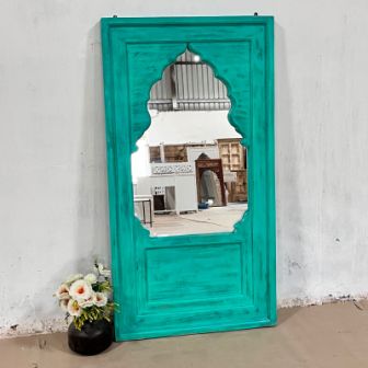Handmade Indian Wood Carved Wall Mirror Frame with Green Accents - 80x50x150cm - Boho Home Decor for Living Room, Bedroom & Entryway