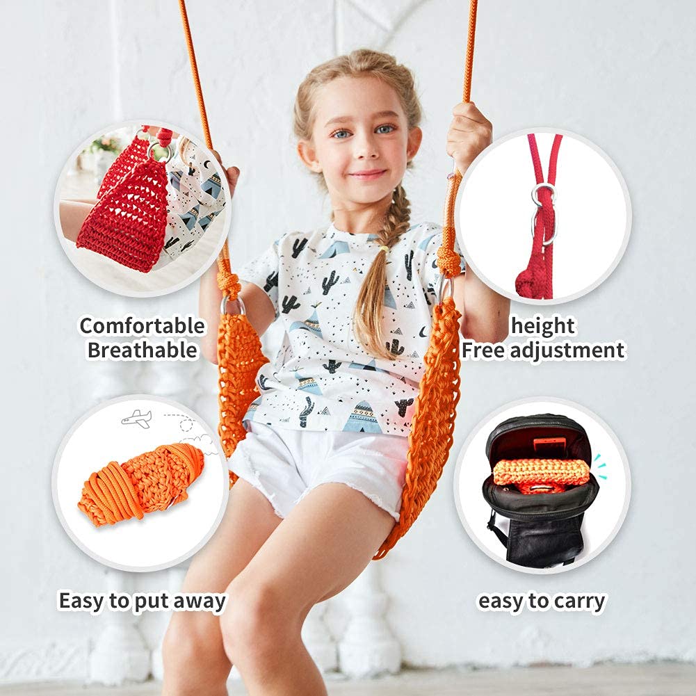 Kids Hand-Knitted Swing Seat - Indoor/Outdoor Portable Tree Swing with Adjustable Ropes, Hanging Strap & Snap Hook - Perfect for Camping, Hiking, Backyard Playset & Playroom - Easy Installation (Orange)