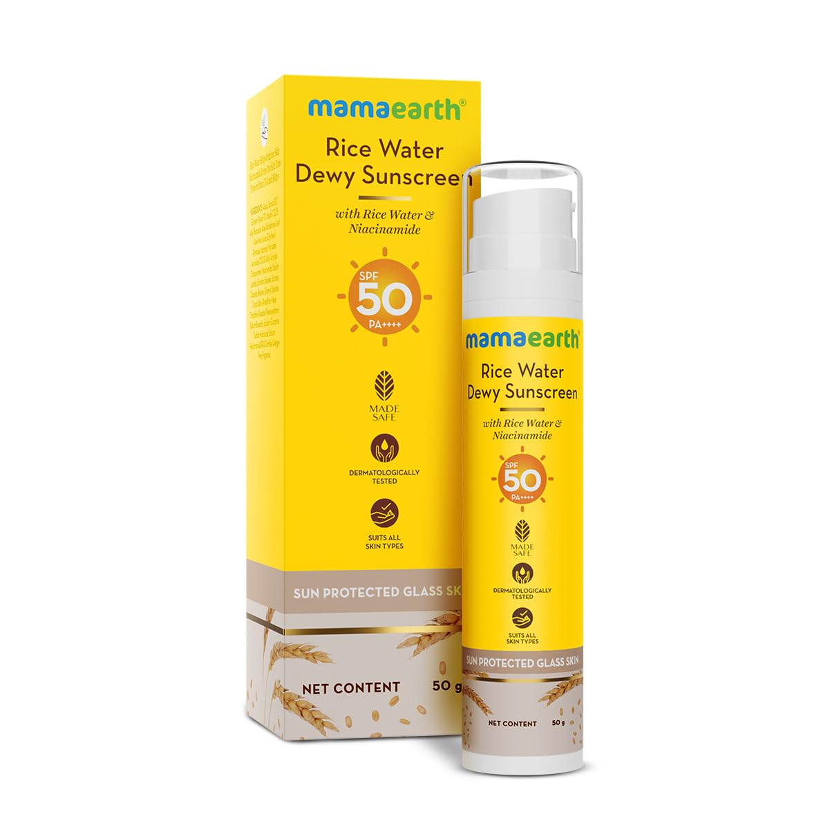Mamaearth Rice Water Dewy Sunscreen SPF 50 PA++++ | Broad Spectrum UVA/UVB Protection | Tan Prevention | Glass Skin Glow | No White Cast | For All Skin Types | 50g | Daily Face Sunscreen for Outdoor Activities & Beach Days