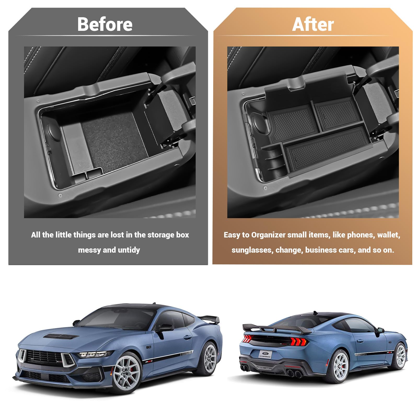 YEE PIN 2024 Ford Mustang Accessories - Center Console Tray & Door Handle Inserts (3-Pack) | Perfect for Organizing Small Items in Your Mustang | Great for Road Trips, Daily Commutes and Car Enthusiasts